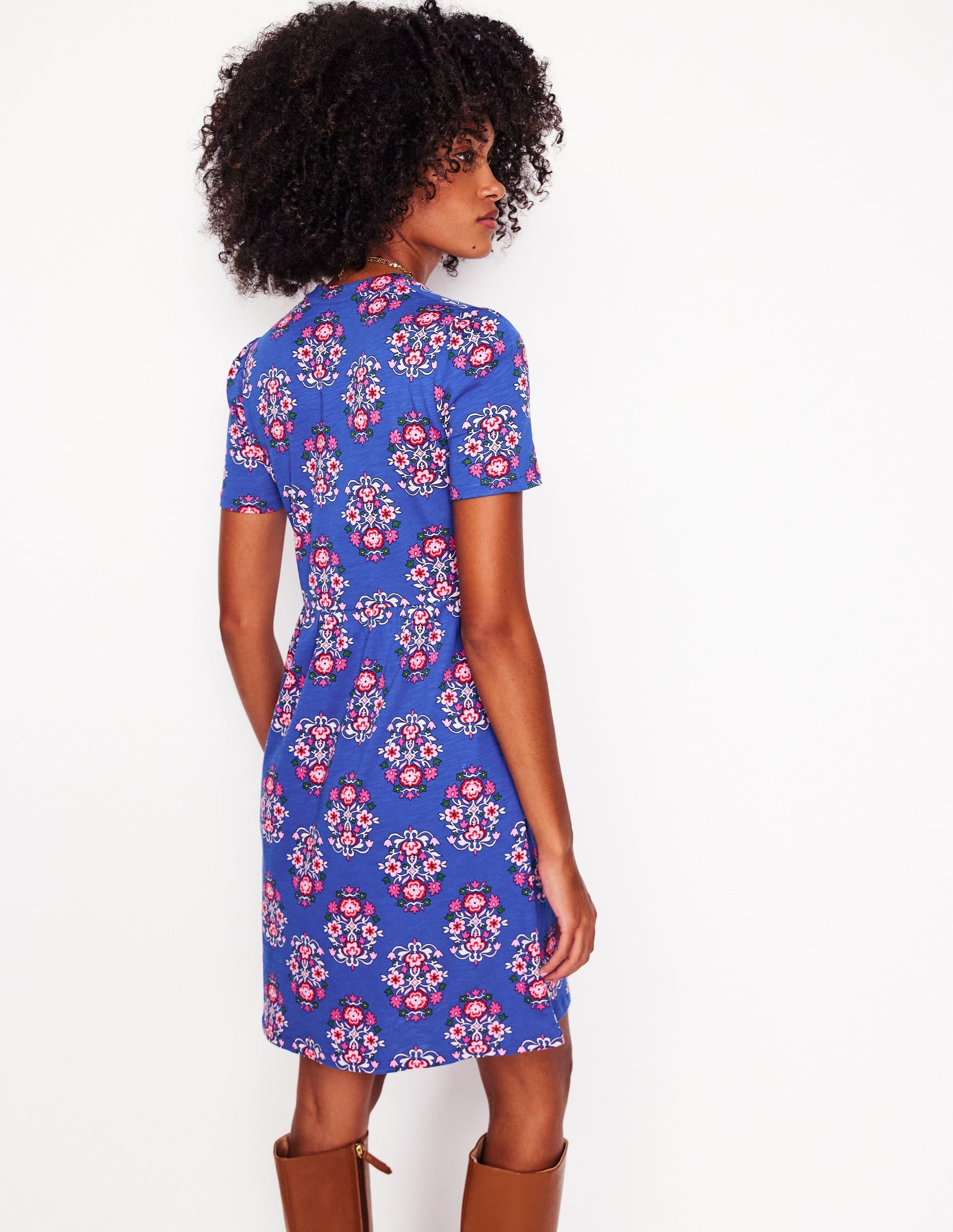 Naomi Short Sleeve Dress-Bright Blue, Wildflower Stamp - Image 4