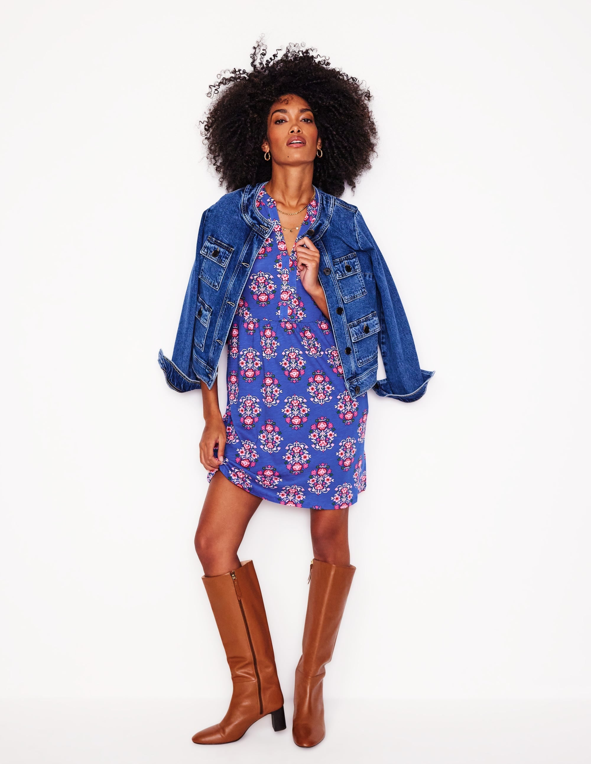 Naomi Short Sleeve Dress-Bright Blue, Wildflower Stamp - Image 5