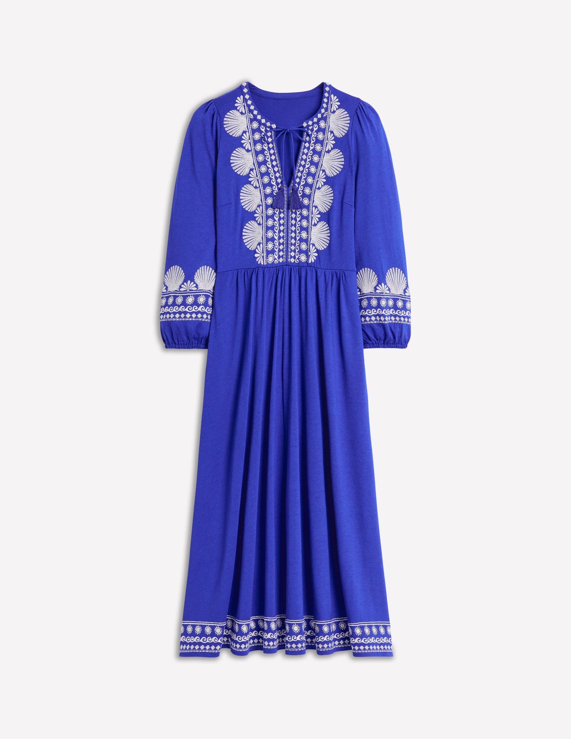 Embroidered Notch Neck Dress-Bright Blue, Ivory-5