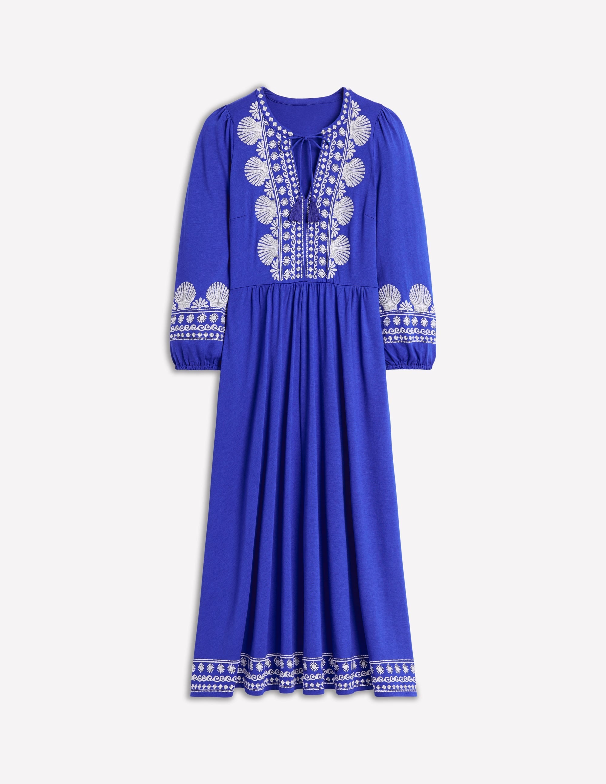 Embroidered Notch Neck Dress-Bright Blue, Ivory - Image 5