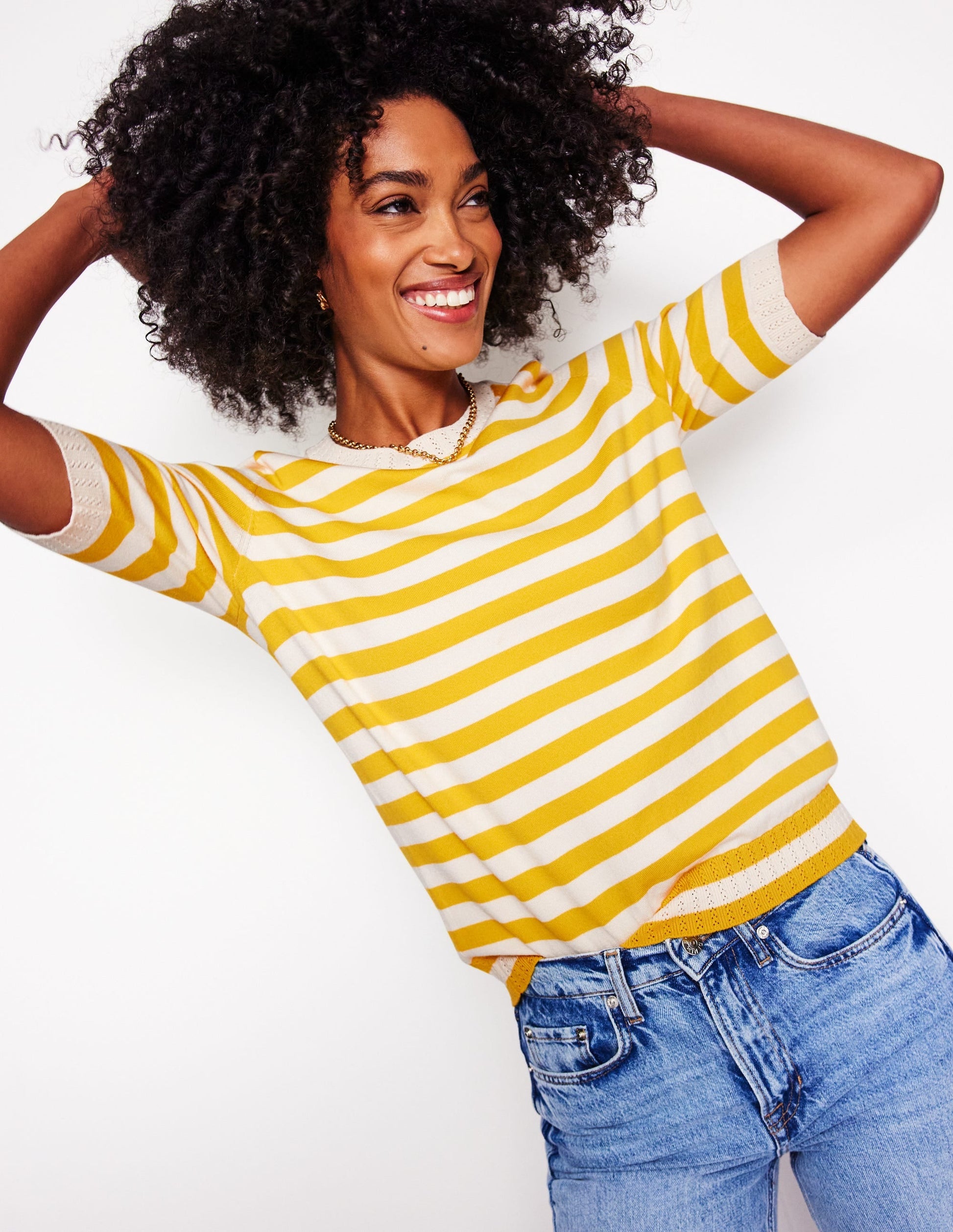 Emilia Cotton Crew T-shirt-Yellow and Ivory Stripe-2