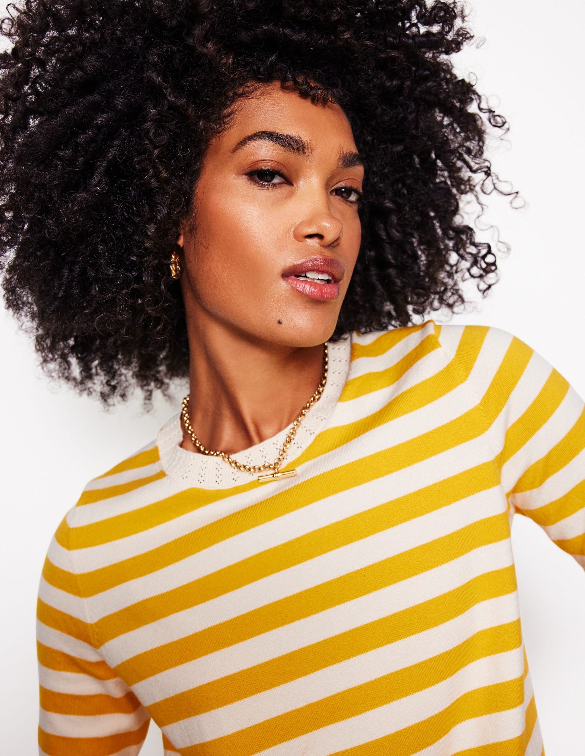 Emilia Cotton Crew T-shirt-Yellow and Ivory Stripe-3