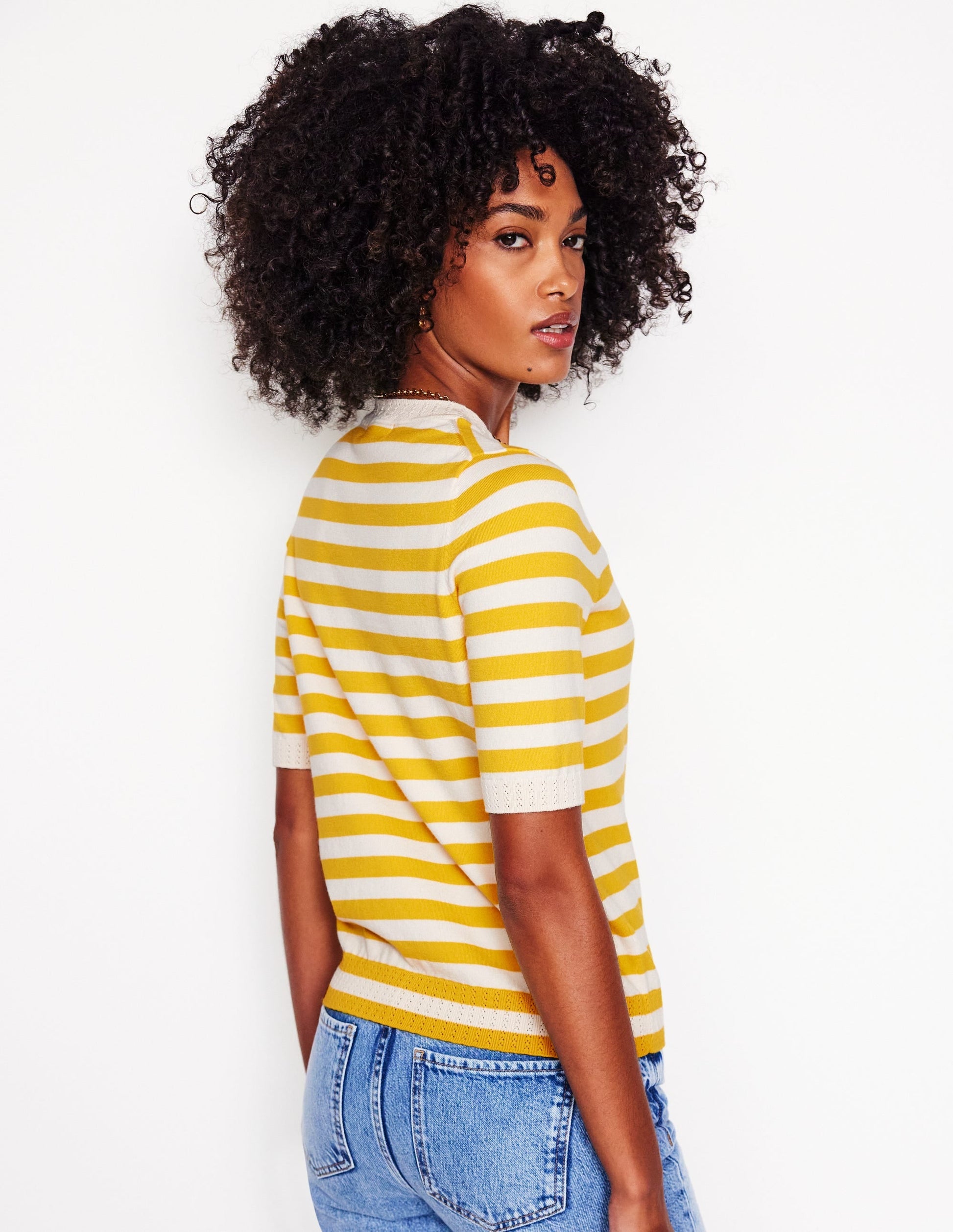 Emilia Cotton Crew T-shirt-Yellow and Ivory Stripe-4