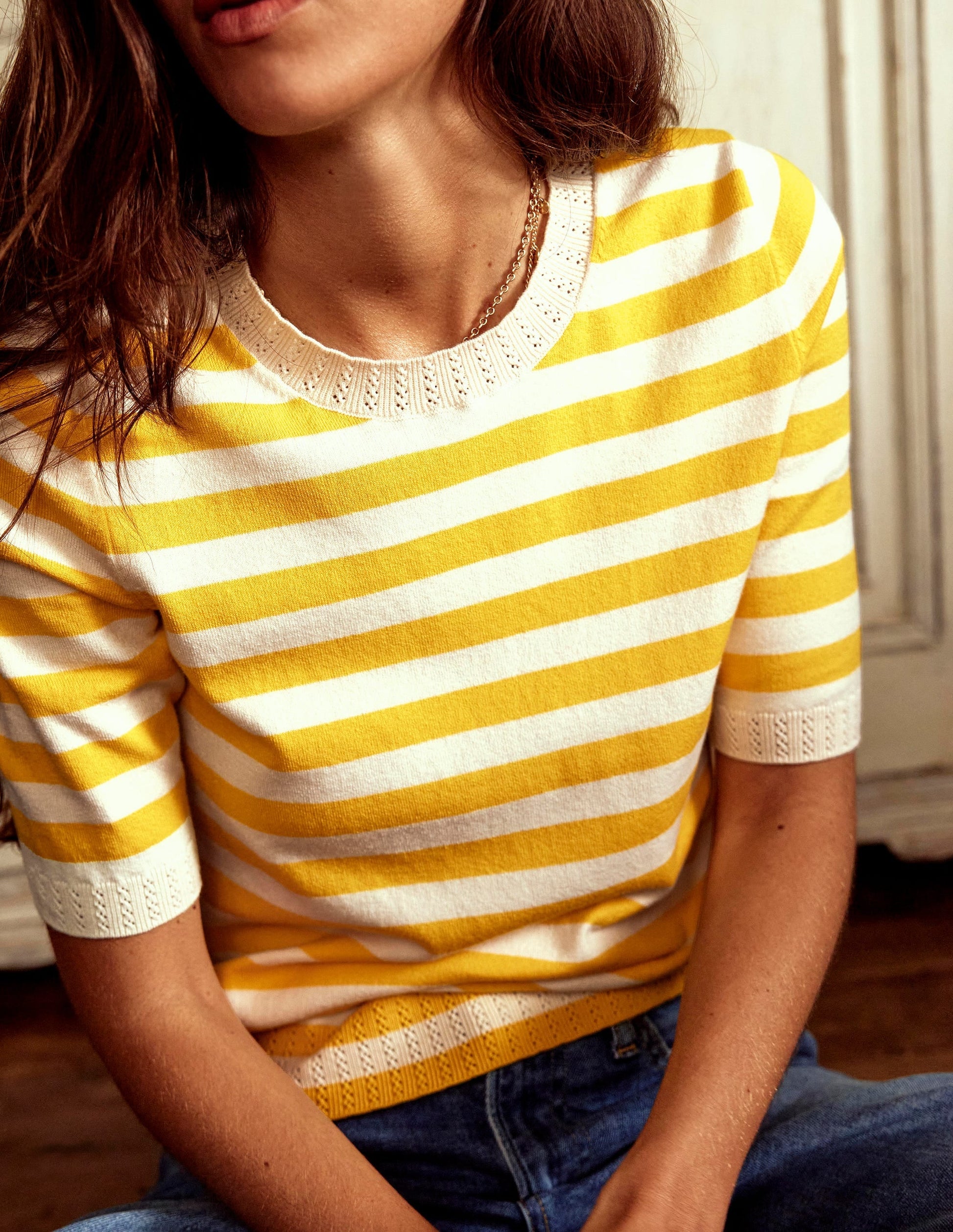 Emilia Cotton Crew T-shirt-Yellow and Ivory Stripe-6