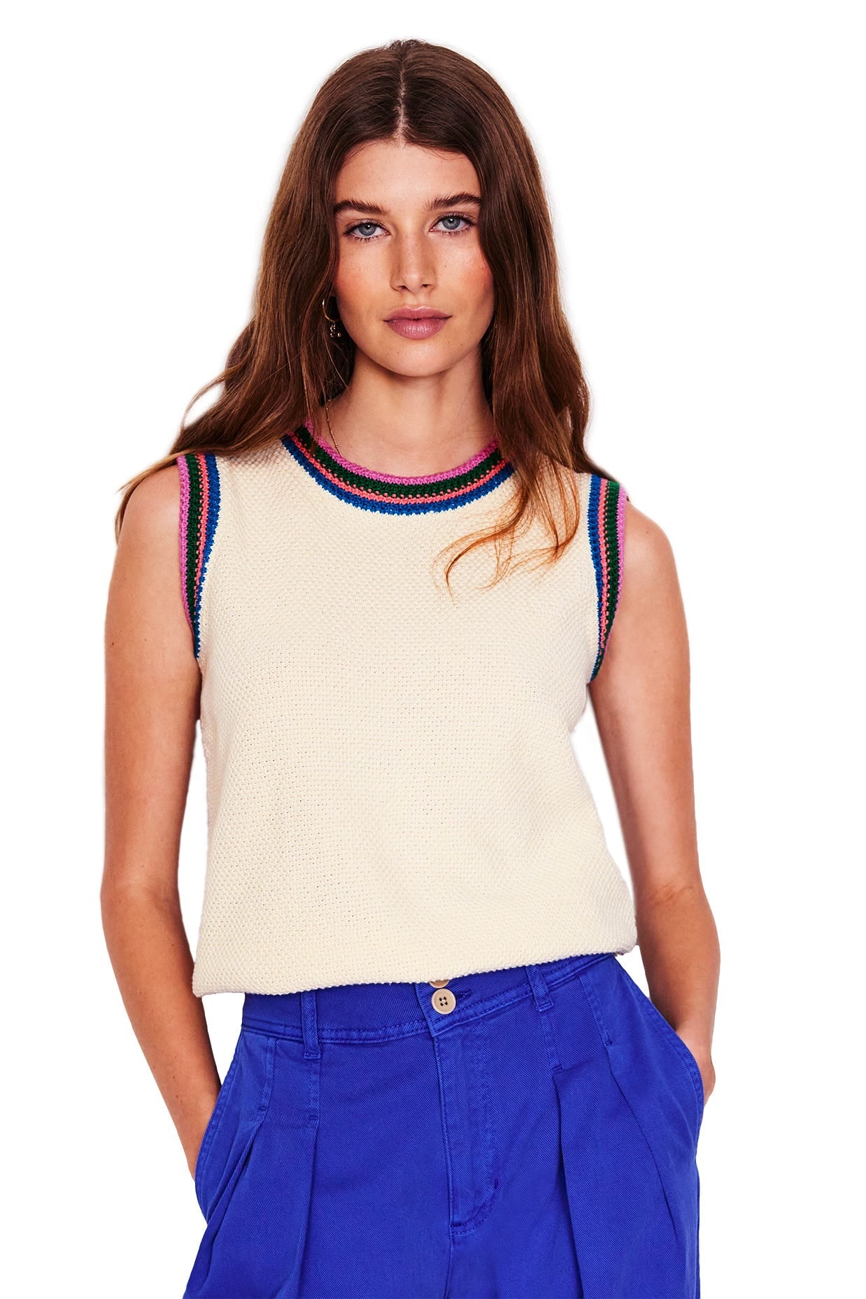 Callie Crochet Trim Tank-Warm Ivory, Rainbow Trim - Image 6