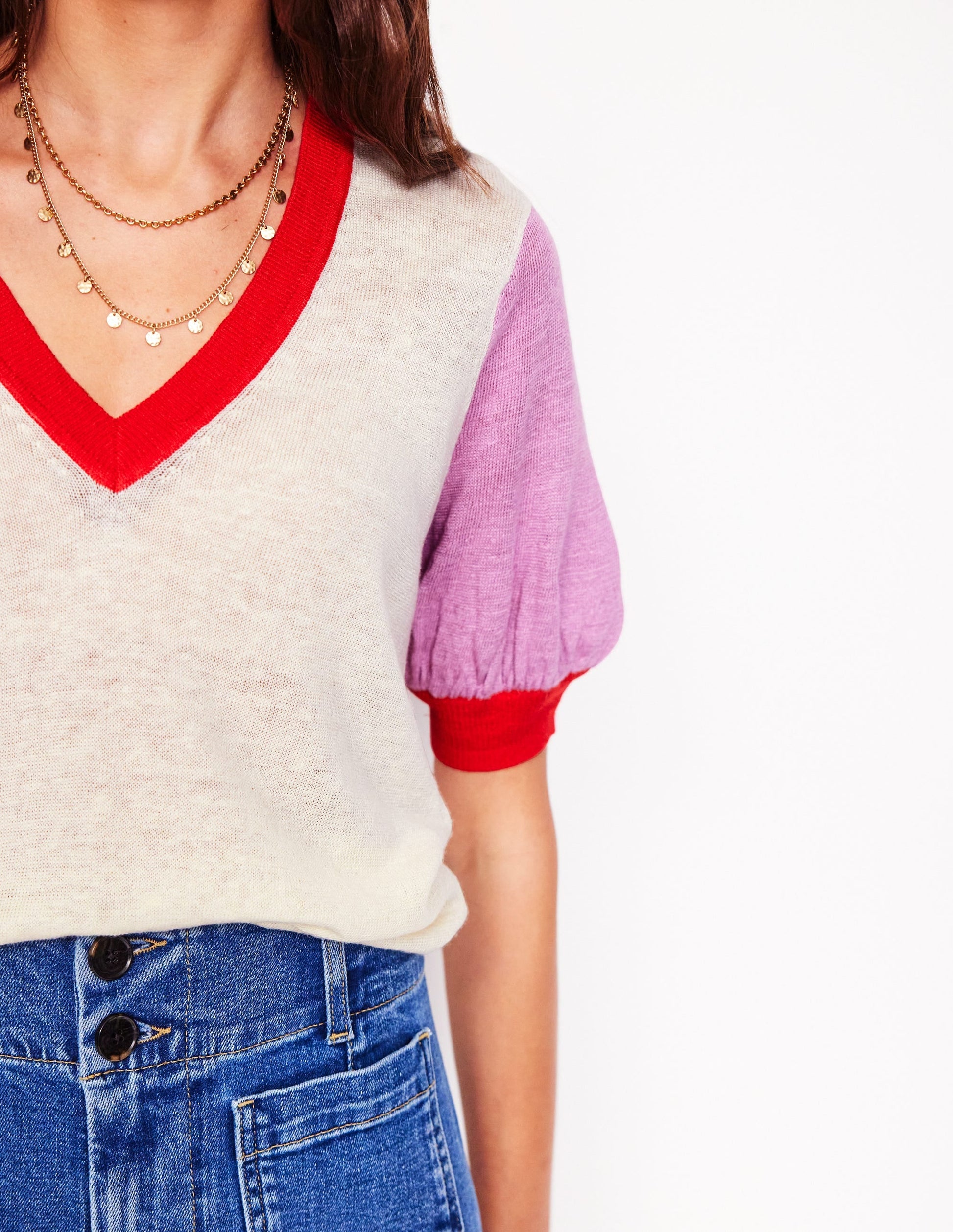 Liv V-Neck Linen T-Shirt-Warm Ivory/ Soft Lavender Pink-3