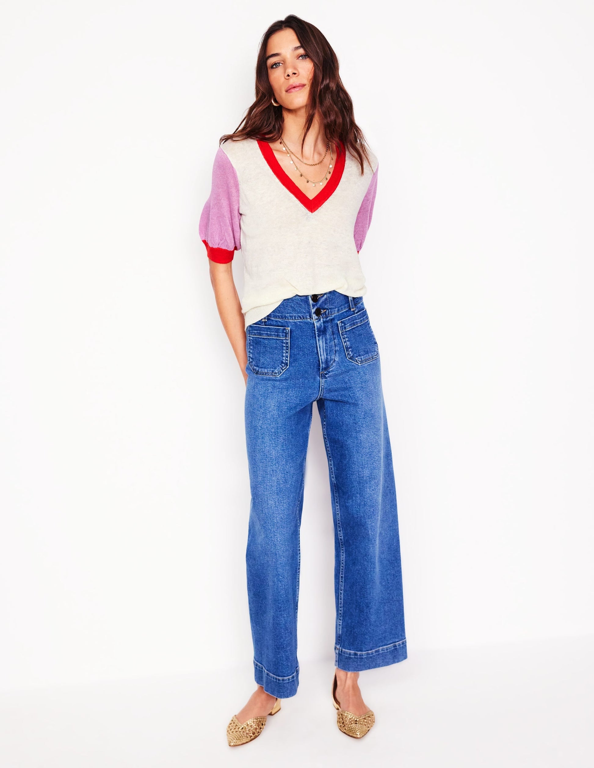 Liv V-Neck Linen T-Shirt-Warm Ivory/ Soft Lavender Pink-5
