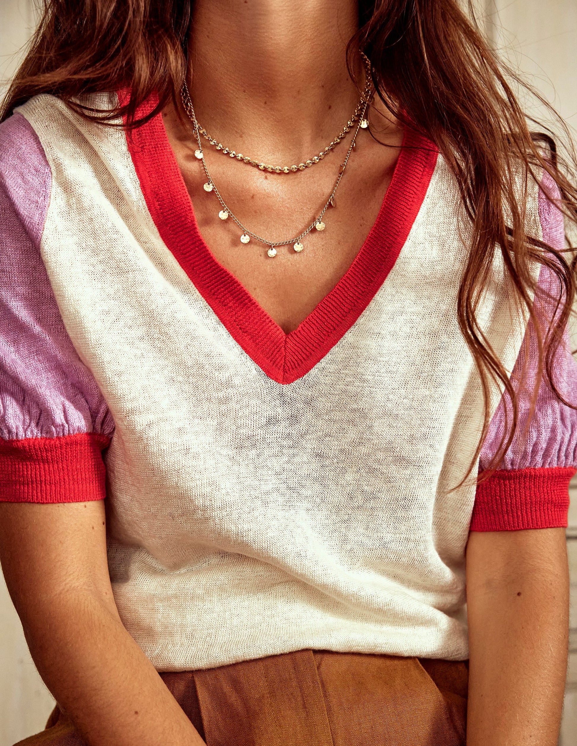 Liv V-Neck Linen T-Shirt-Warm Ivory/ Soft Lavender Pink-6