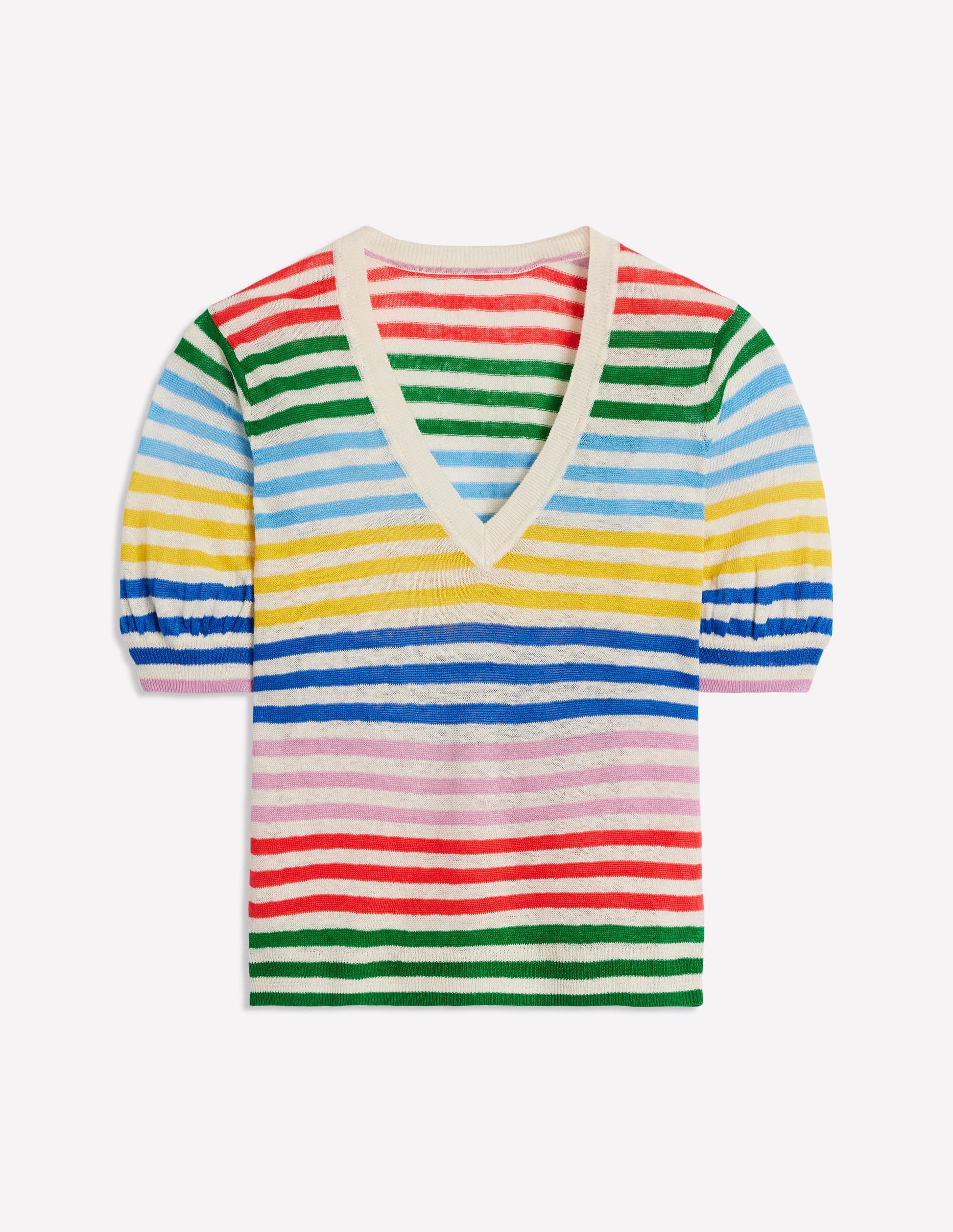 Liv V-Neck Linen T-Shirt-Banded Rainbow Stripe-9