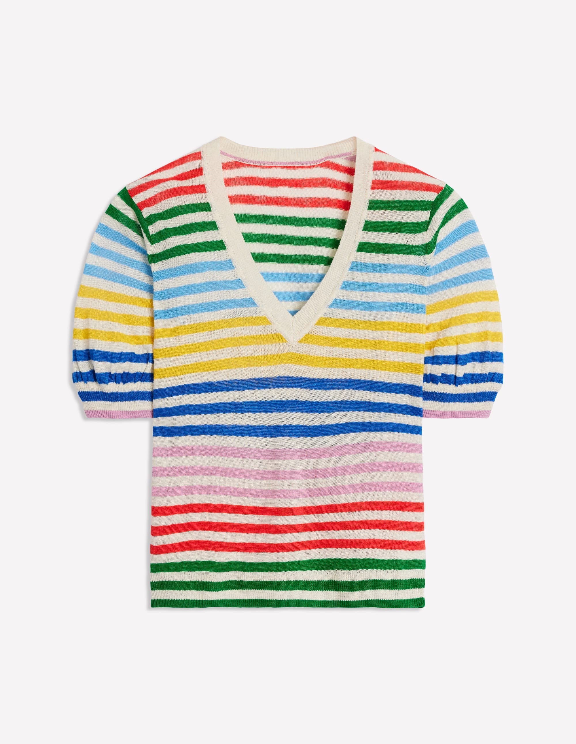 Liv V-Neck Linen T-Shirt-Banded Rainbow Stripe - Image 9