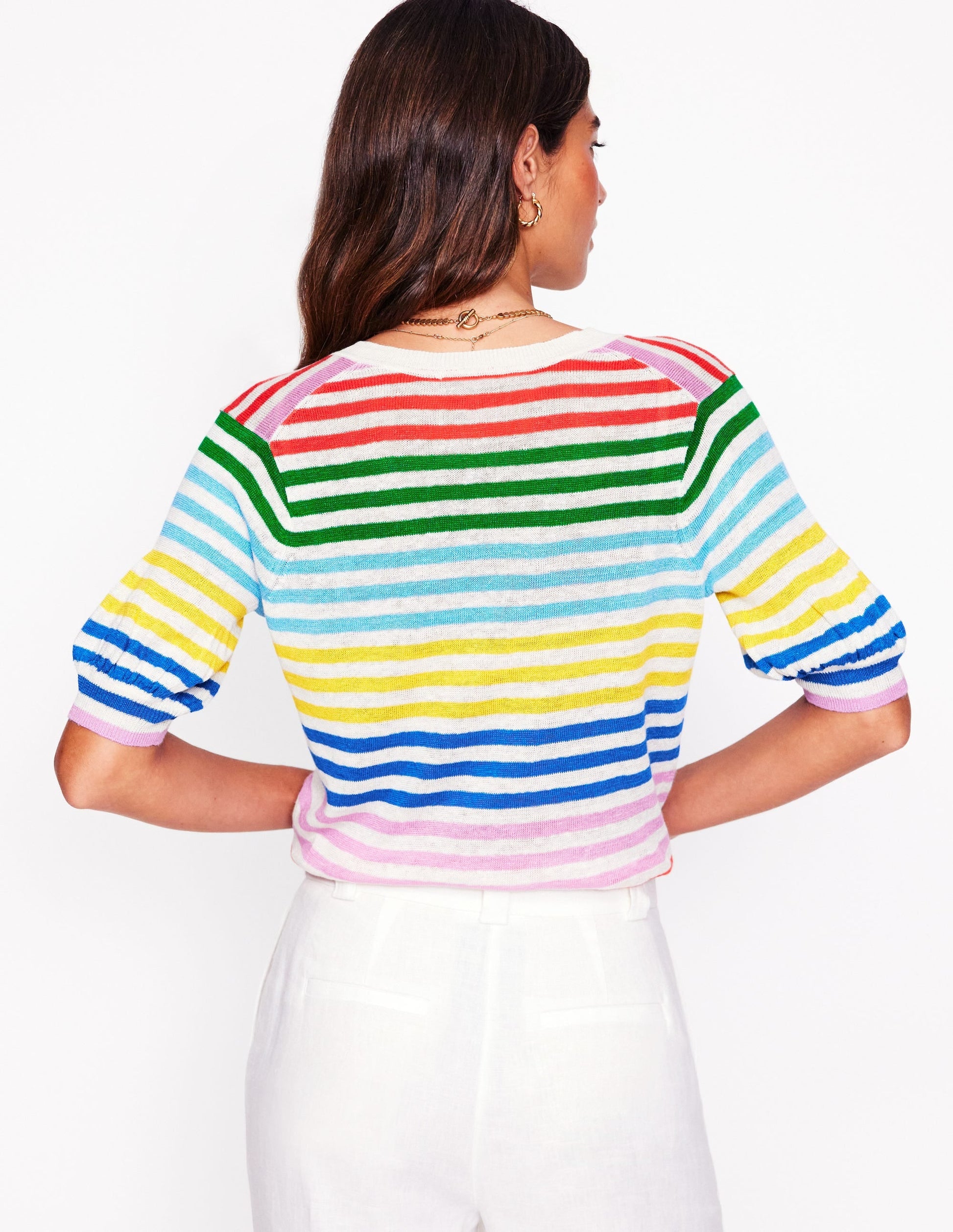Liv V-Neck Linen T-Shirt-Banded Rainbow Stripe-4