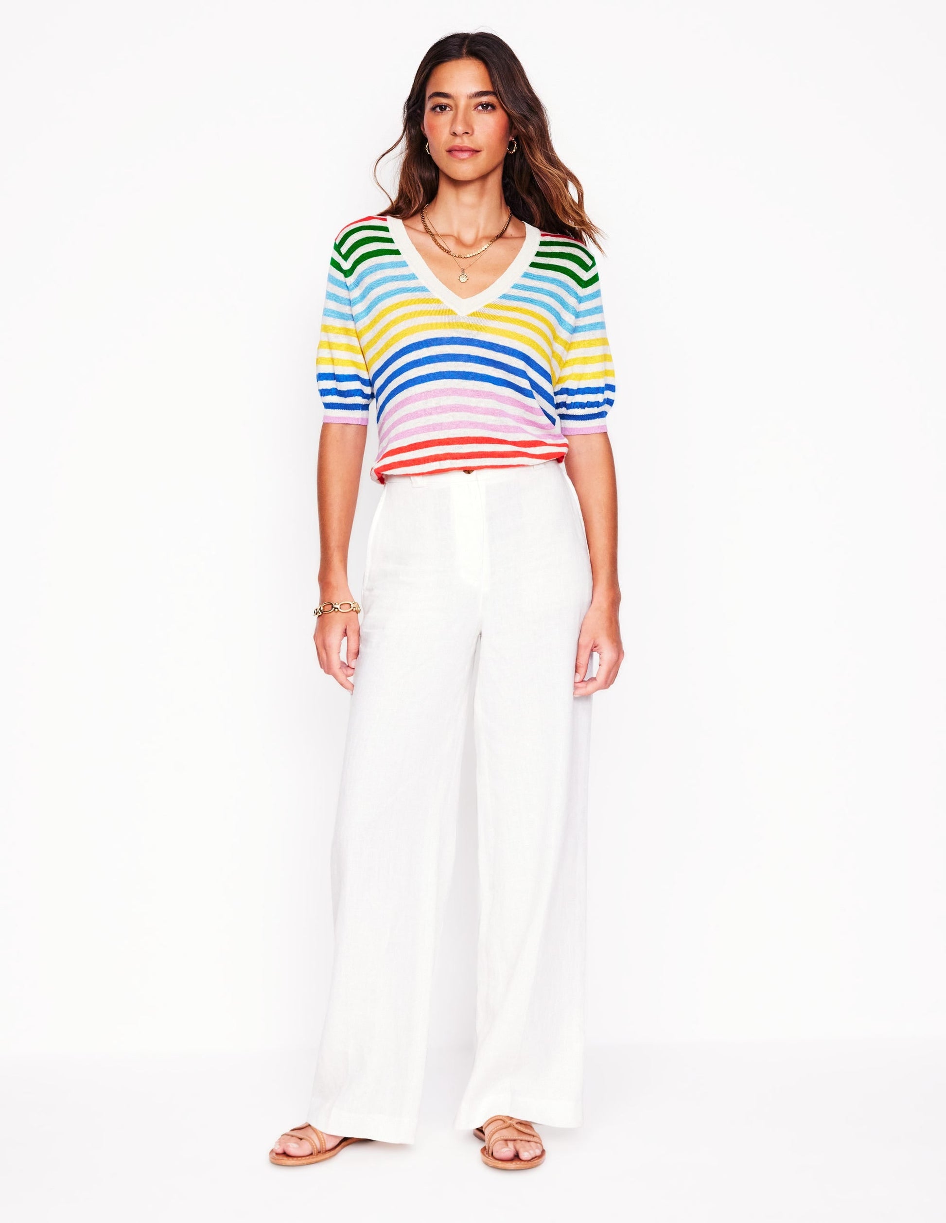 Liv V-Neck Linen T-Shirt-Banded Rainbow Stripe-6