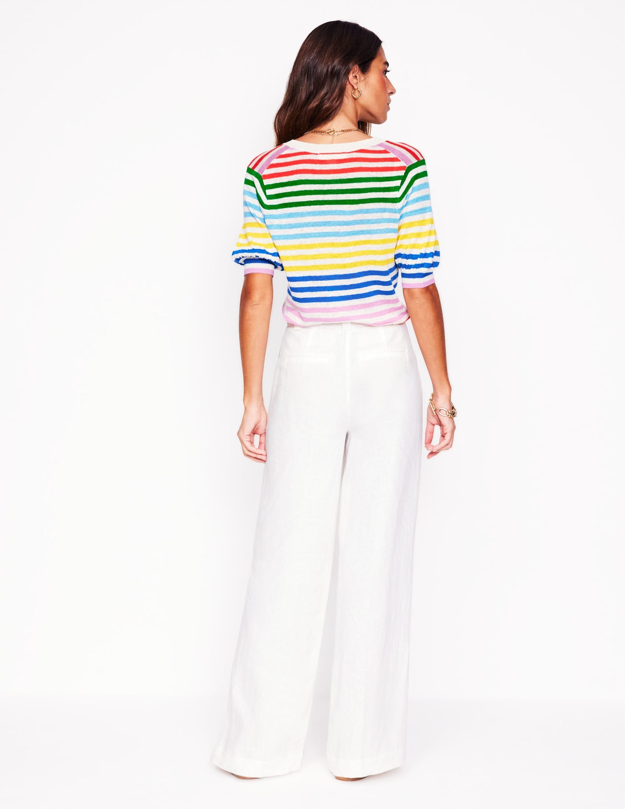 Liv V-Neck Linen T-Shirt-Banded Rainbow Stripe - Image 7