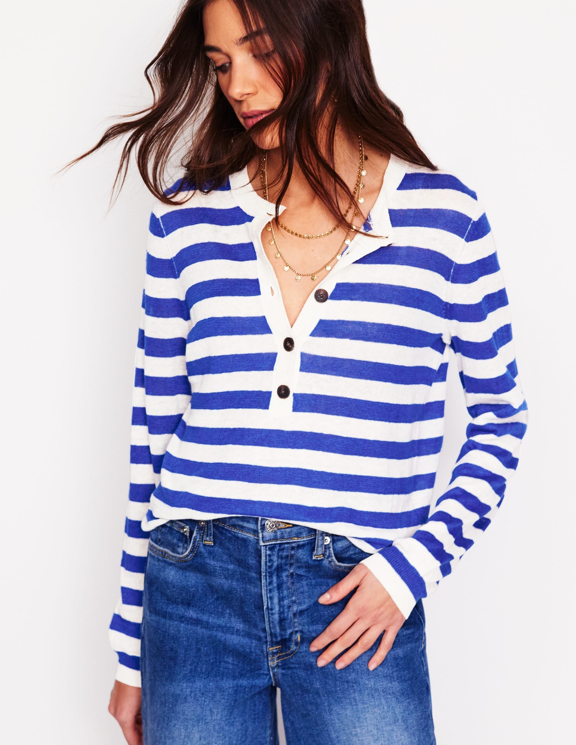 Liv Henley Linen Jumper-Bright Blue and Ivory Stripe - Image 2
