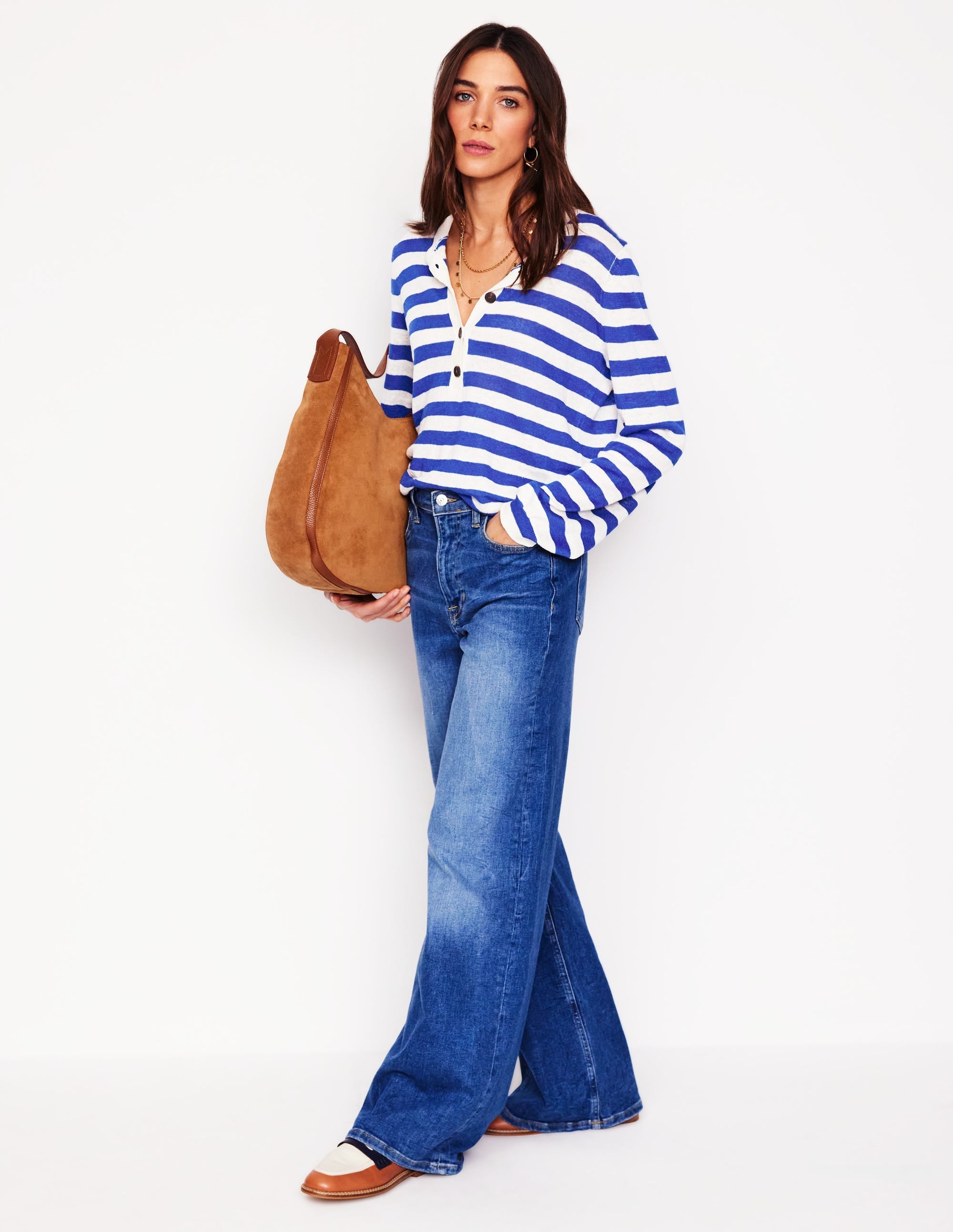 Liv Henley Linen Jumper-Bright Blue and Ivory Stripe - Image 5