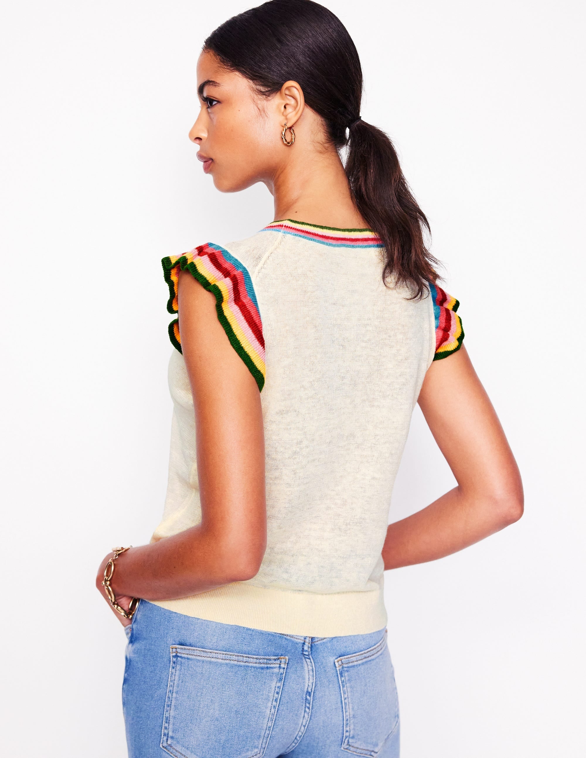 Josie Frilled Linen Tank-Warm Ivory, Multi Stripe - Image 3