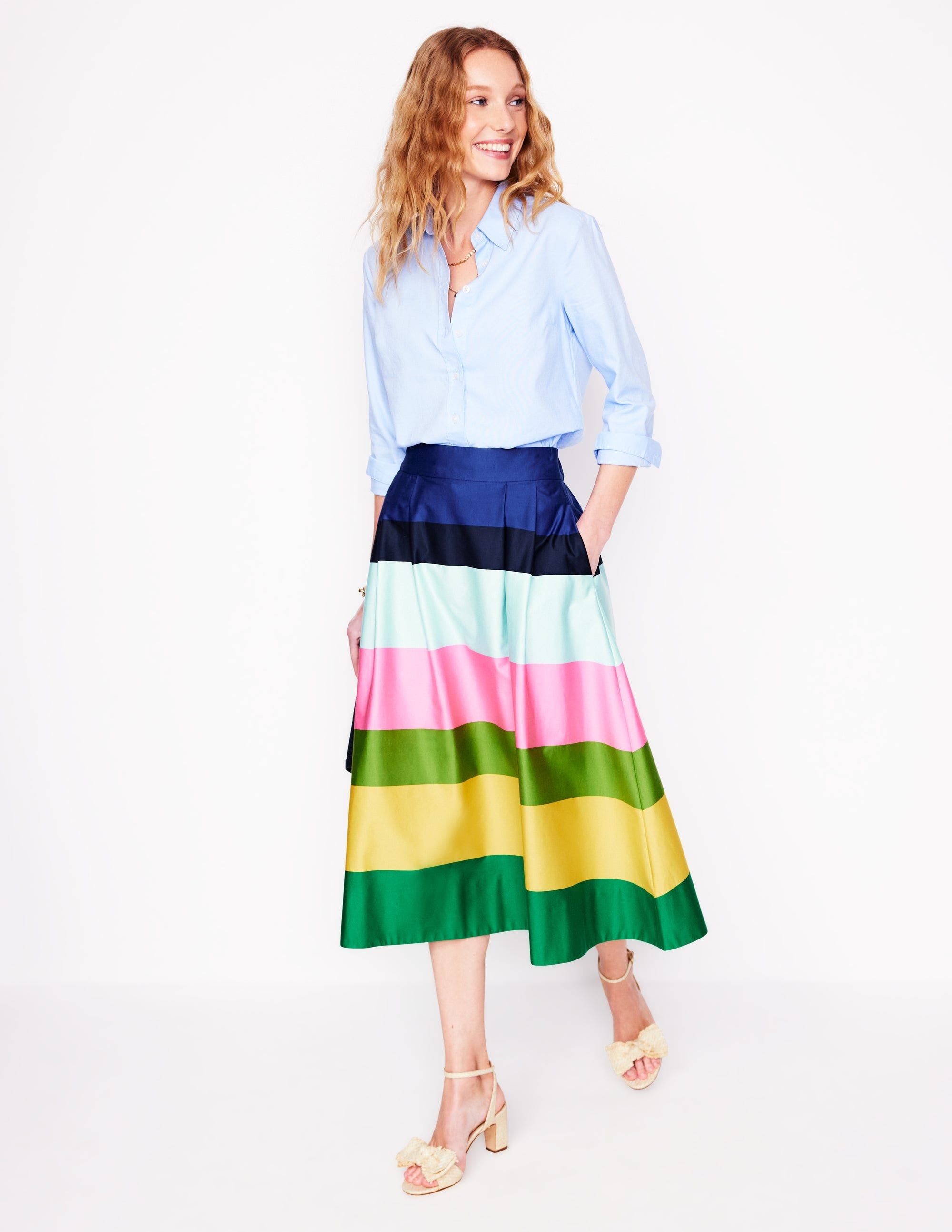 Isabella Cotton Sateen Skirt-Green and Pink Wide Stripe - Image 2