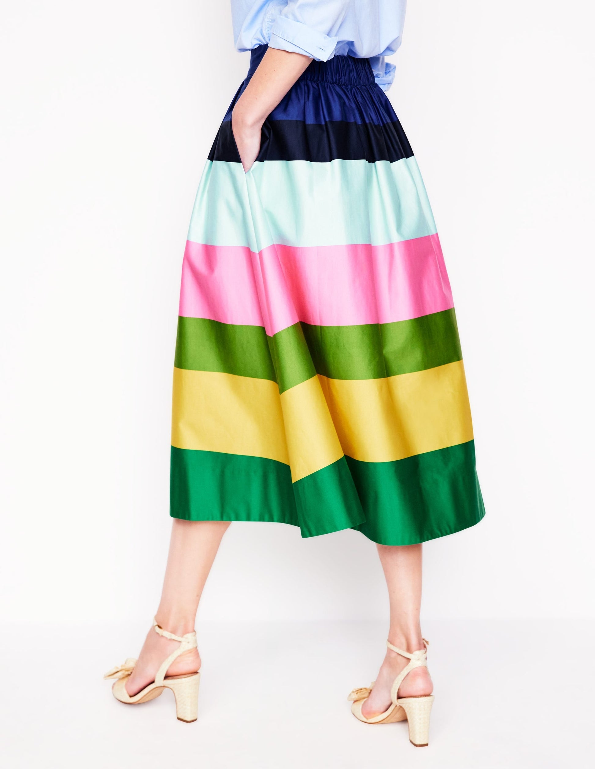 Isabella Cotton Sateen Skirt-Green and Pink Wide Stripe-4