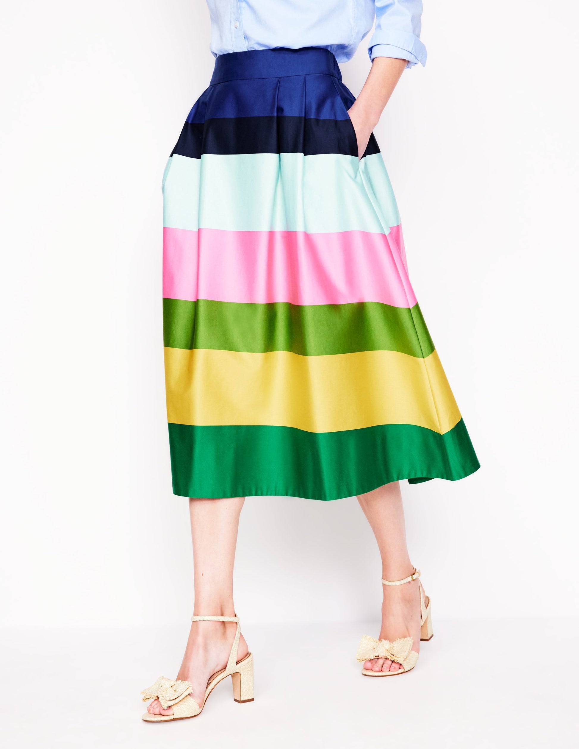 Isabella Cotton Sateen Skirt-Green and Pink Wide Stripe-5