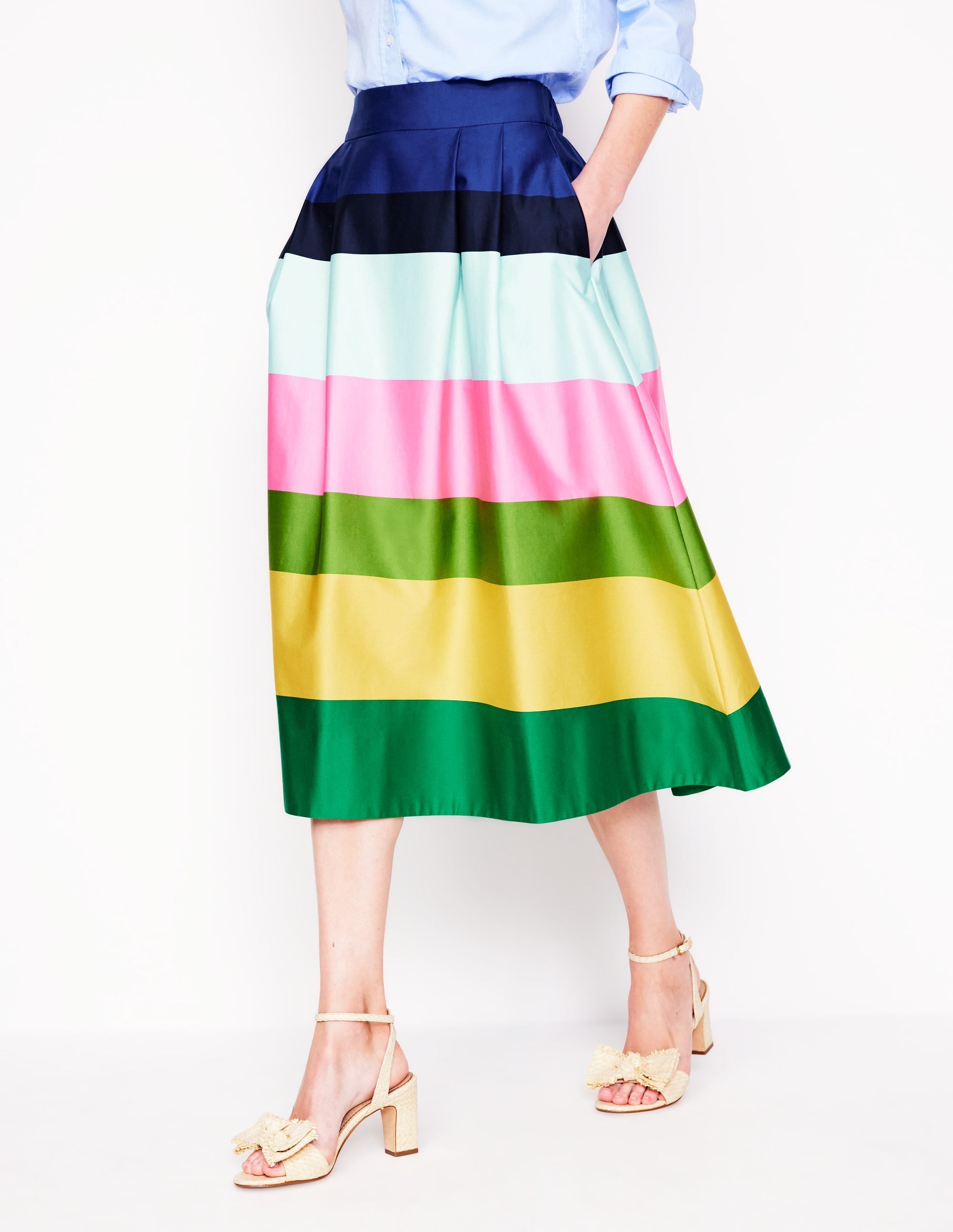 Isabella Cotton Sateen Skirt-Green and Pink Wide Stripe - Image 5