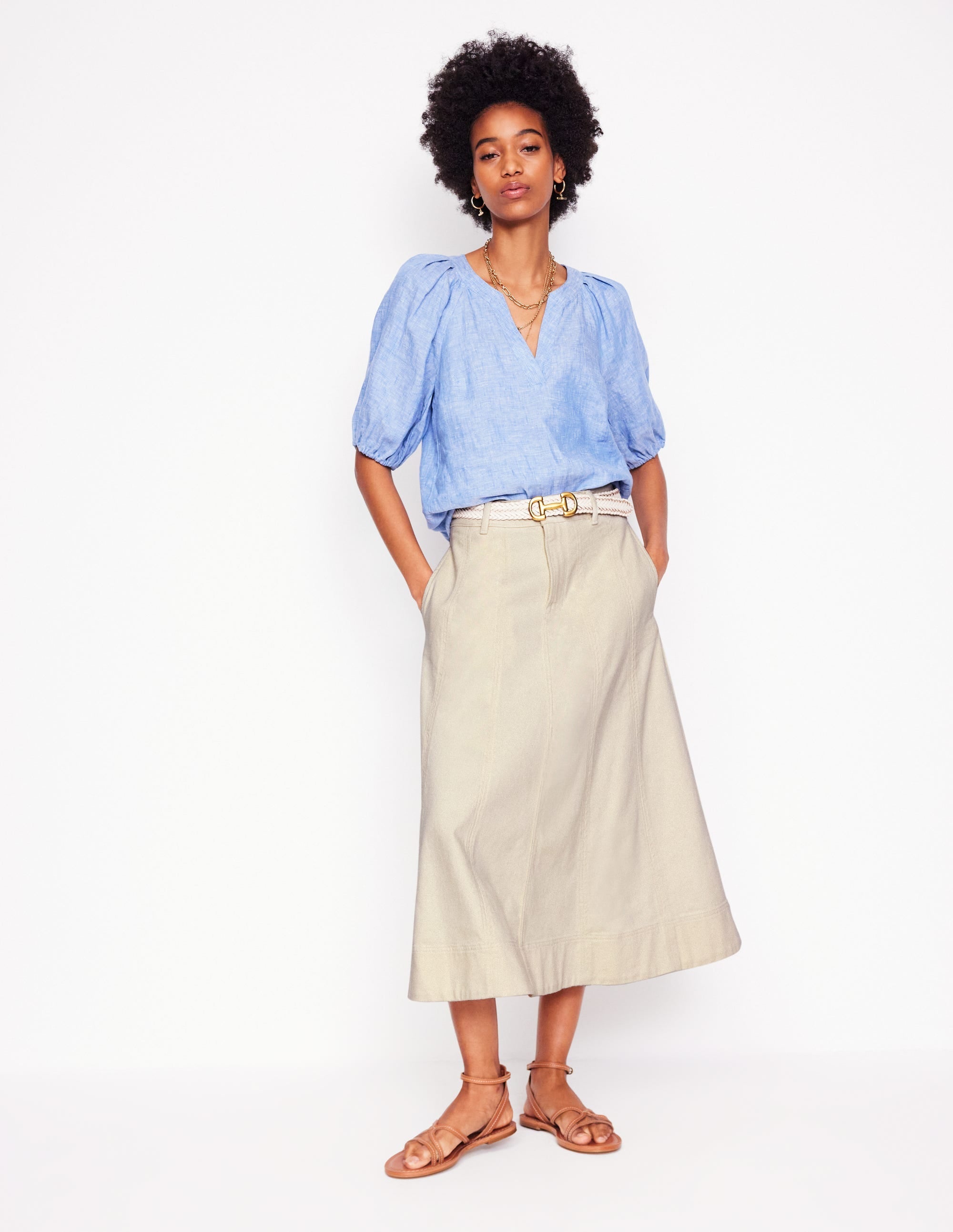 Panelled Full Denim Skirt-Ecru - Image 1