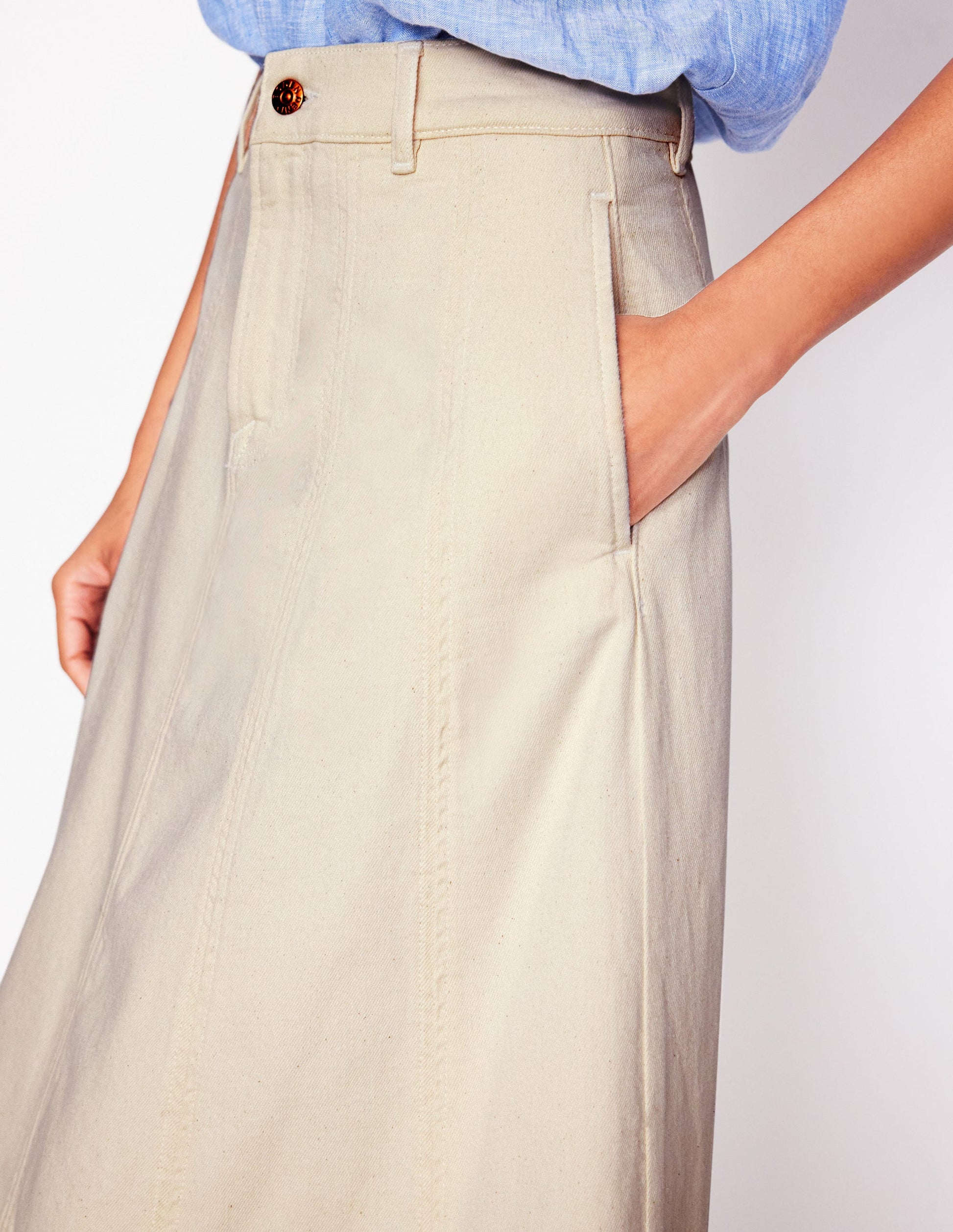 Panelled Full Denim Skirt-Ecru-2
