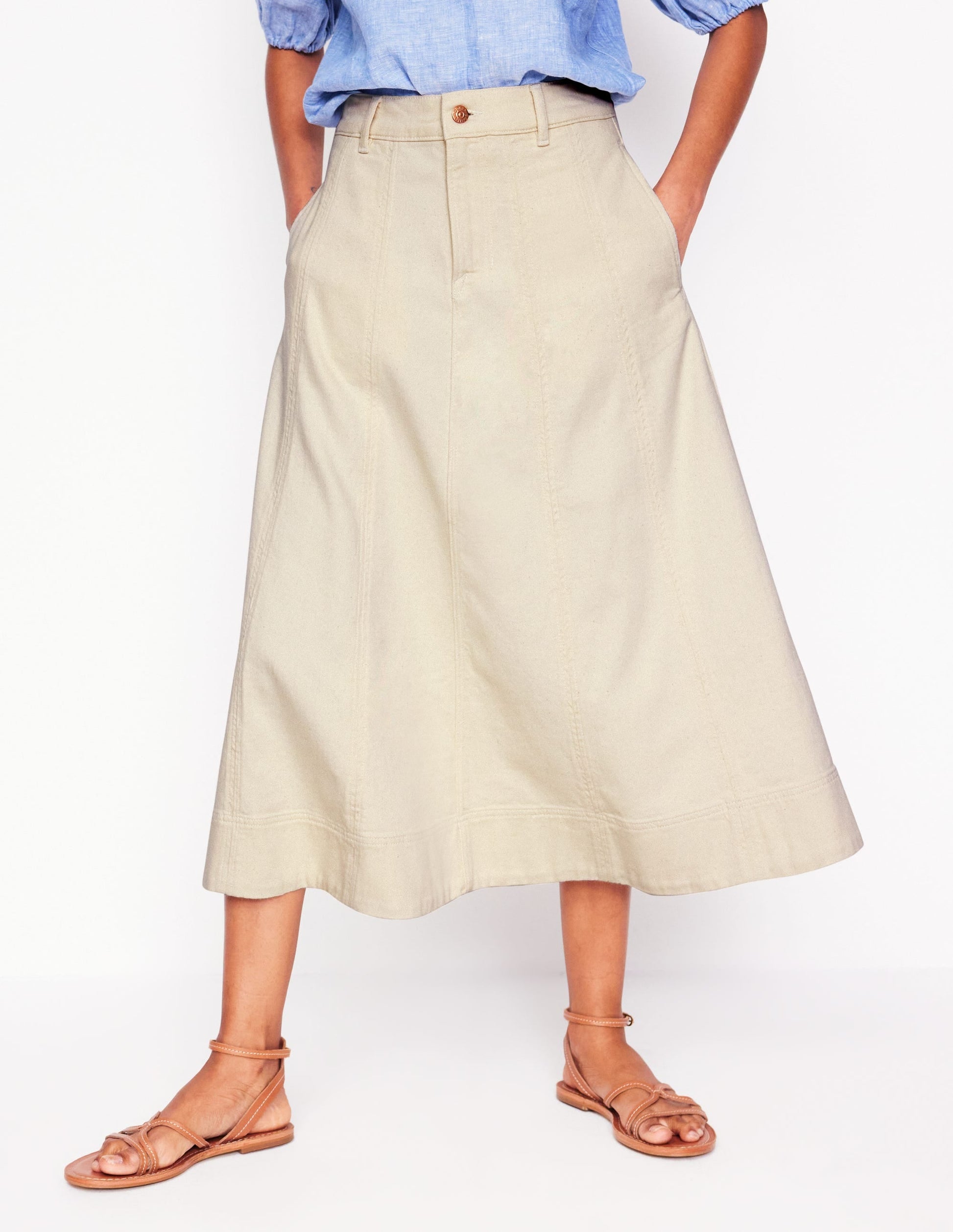Panelled Full Denim Skirt-Ecru-4