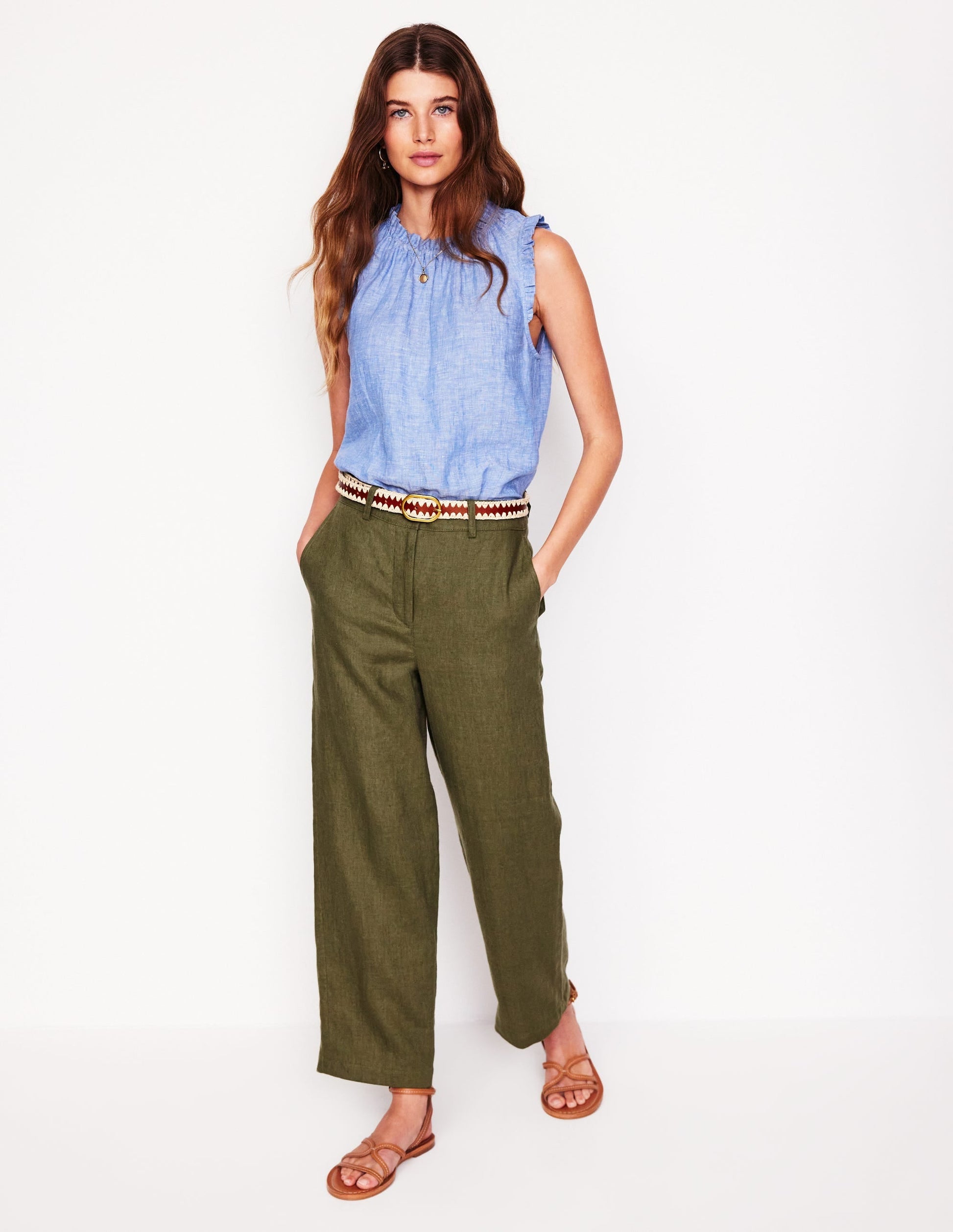 Westbourne Crop Linen Trousers-Woodland Green-1