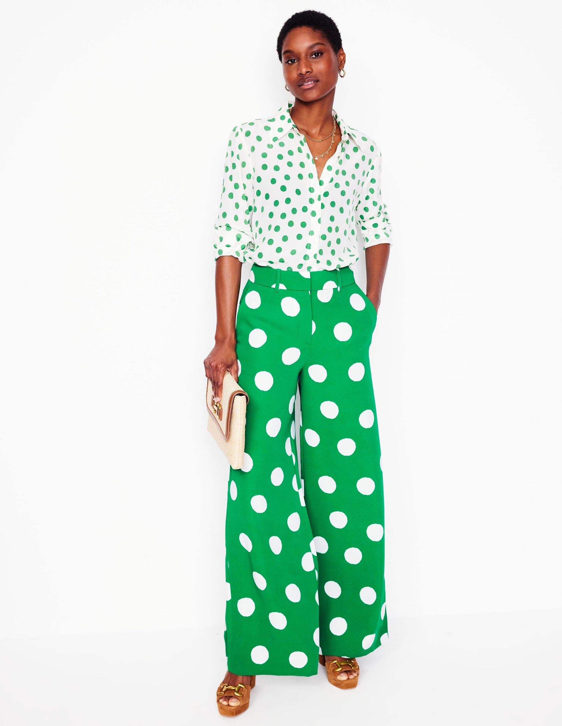Wide Leg Trousers-Rich Emerald, Abstract Dot-1