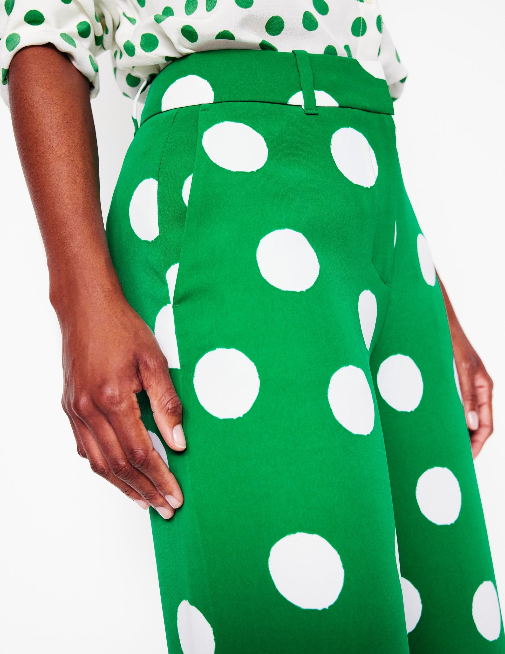 Wide Leg Trousers-Rich Emerald, Abstract Dot-2