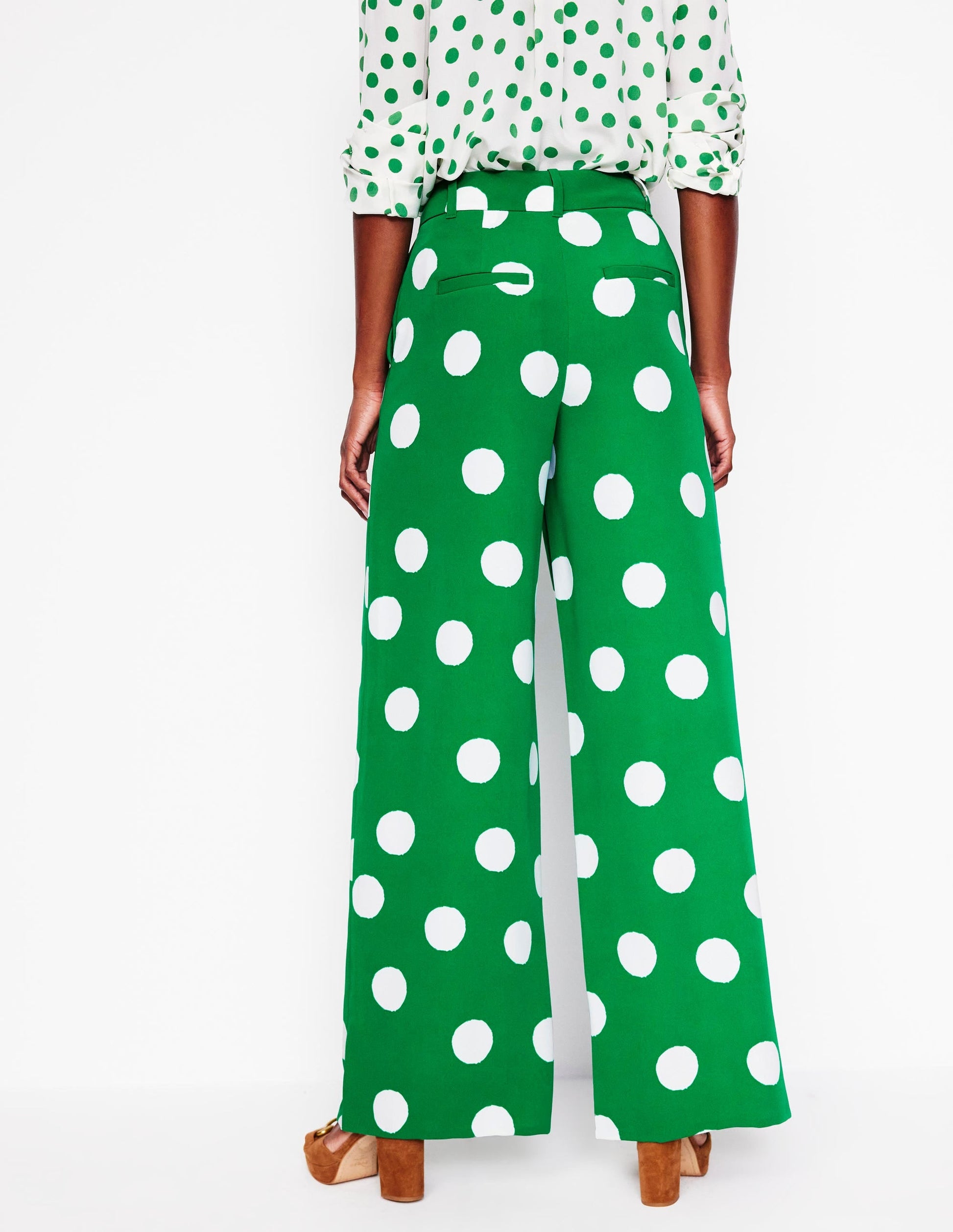 Wide Leg Trousers-Rich Emerald, Abstract Dot-4
