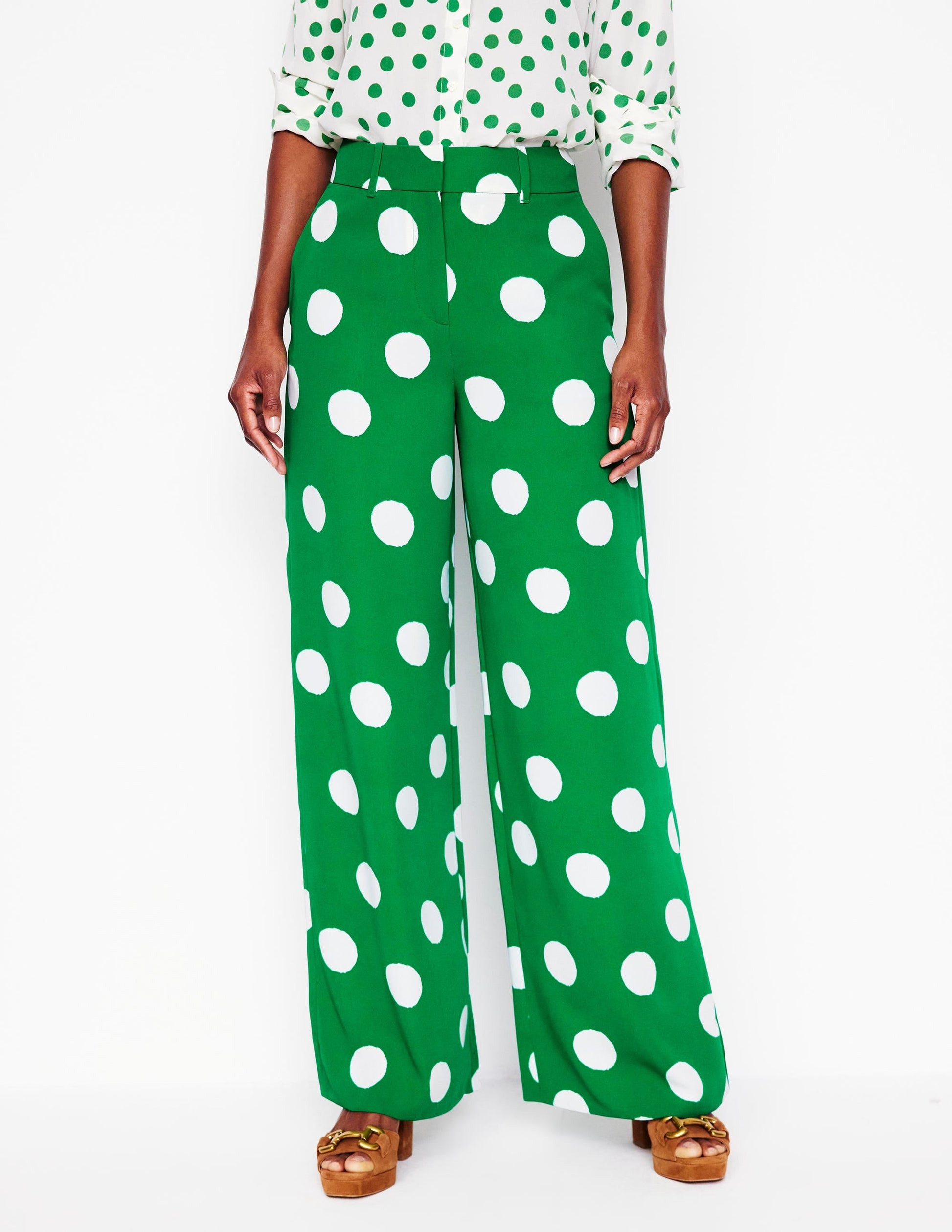 Wide Leg Trousers-Rich Emerald, Abstract Dot-5