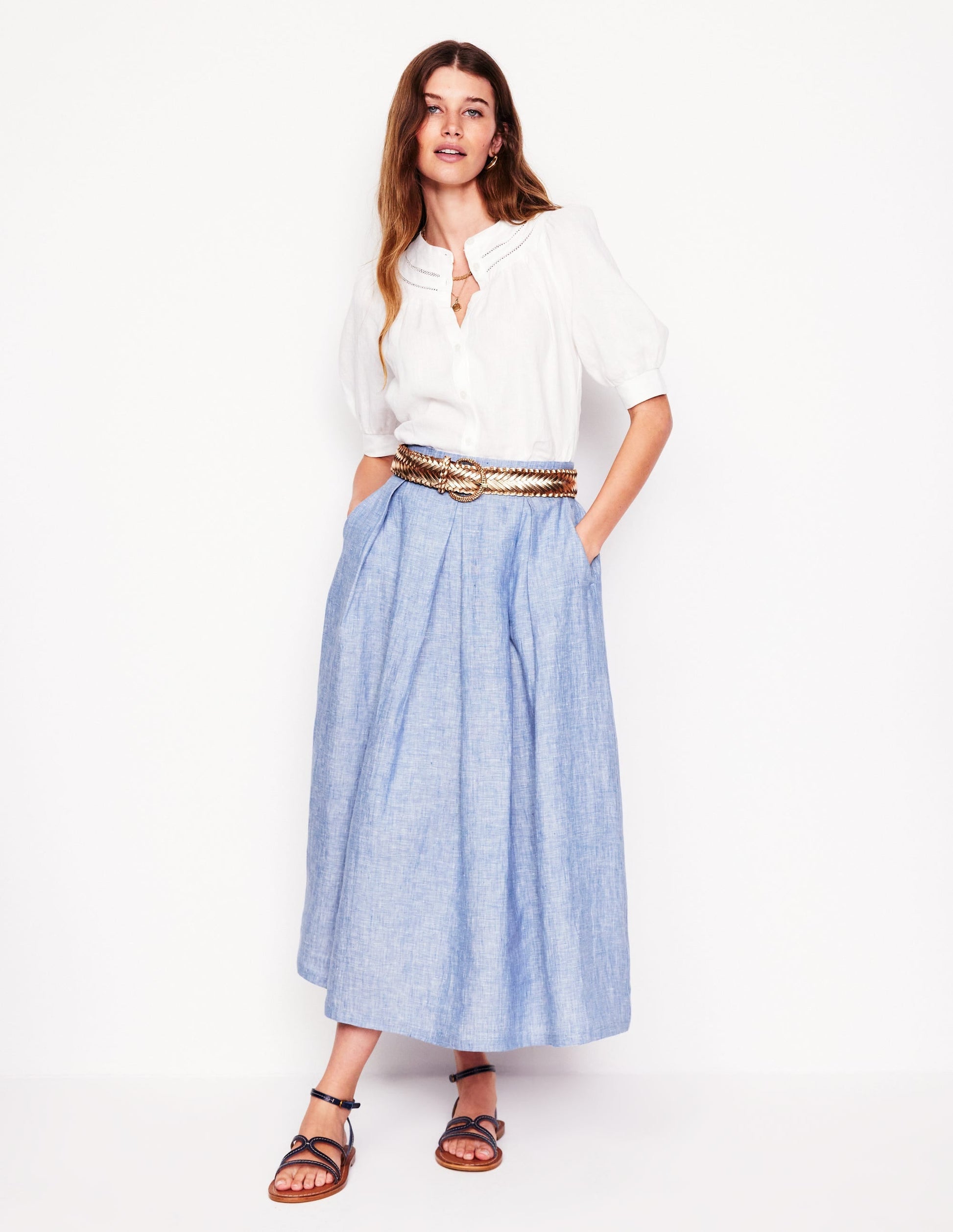 Verity Linen Midi Skirt-Grey Blue Chambray-1