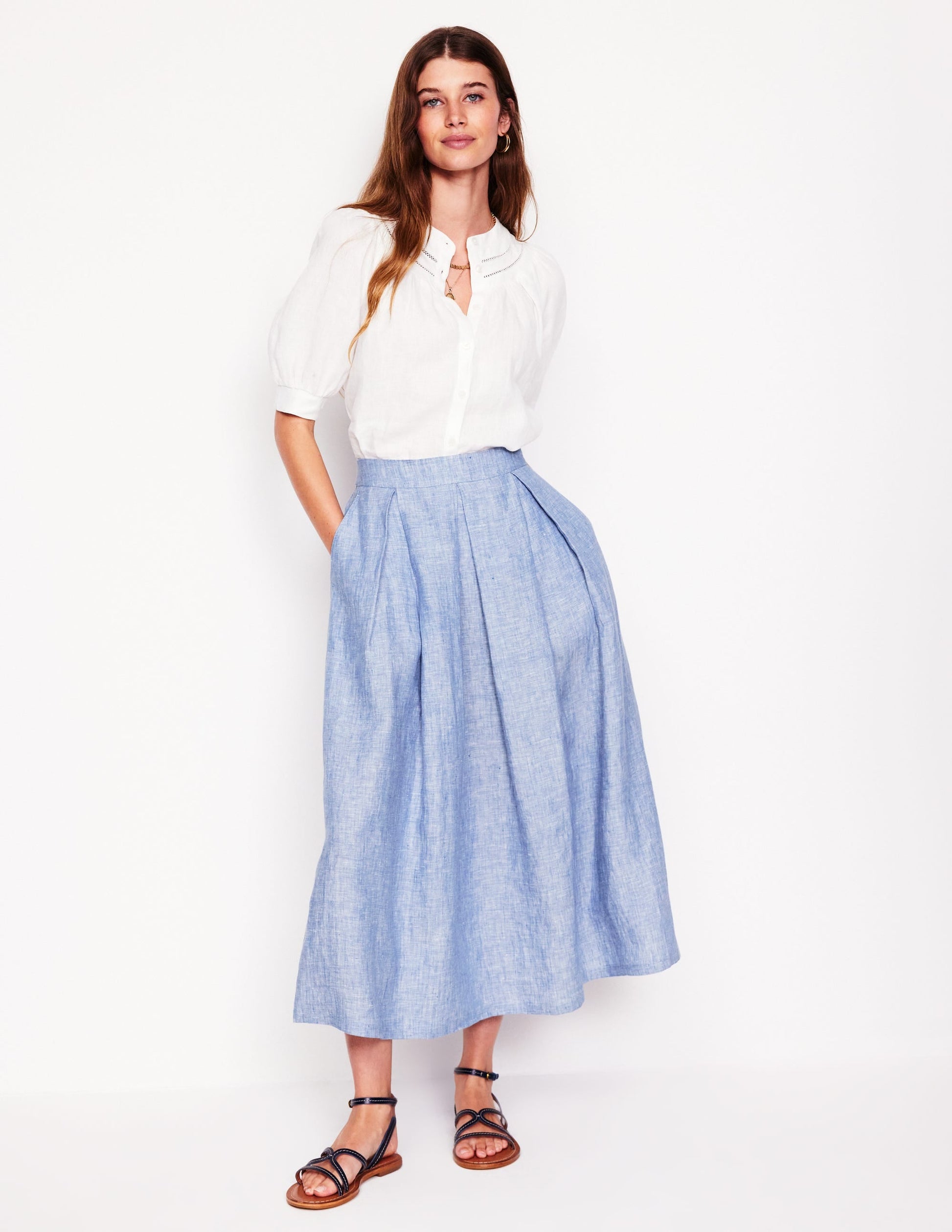 Verity Linen Midi Skirt-Grey Blue Chambray-5