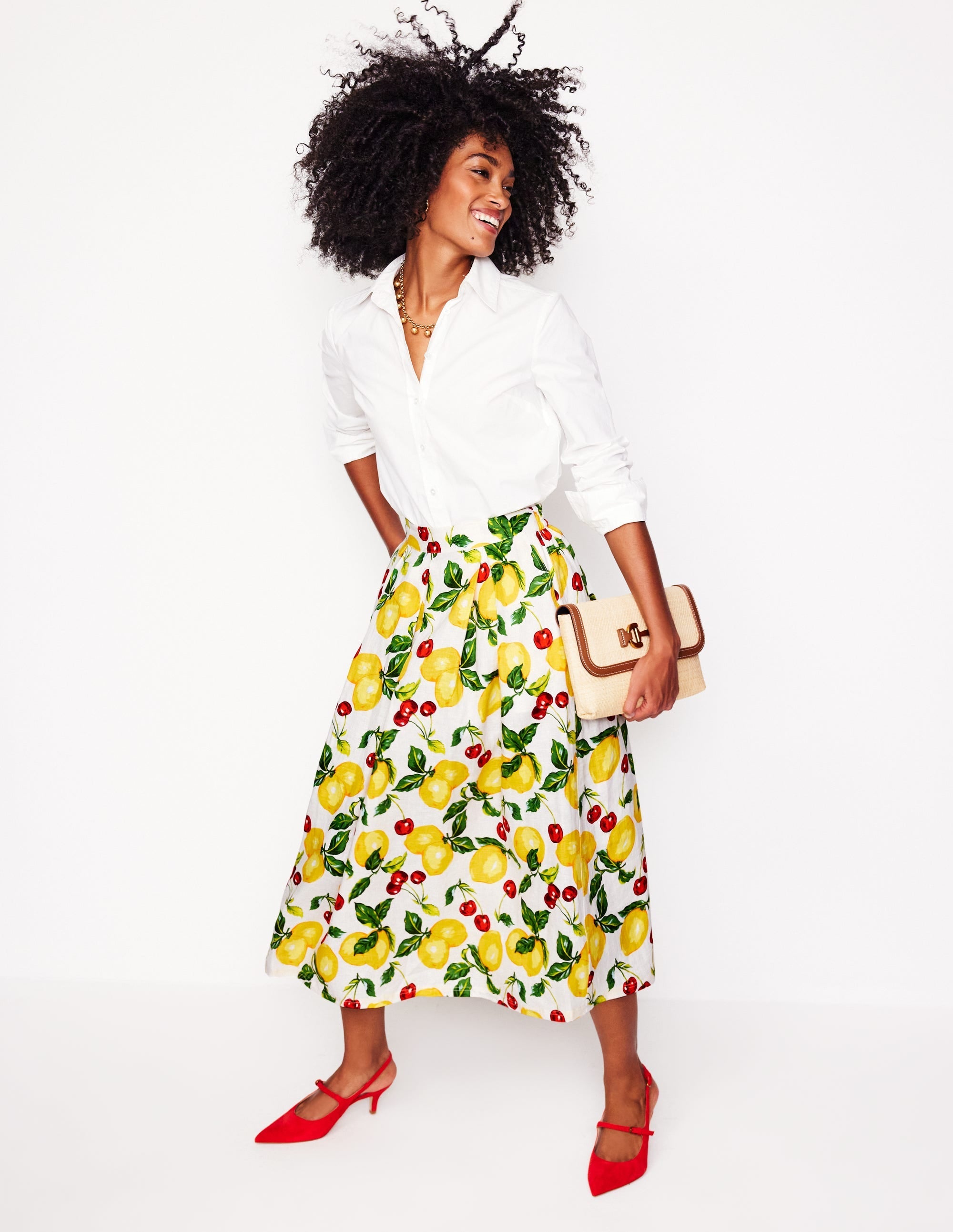 Verity Linen Midi Skirt-Multi, Cherries and Lemons - Image 1