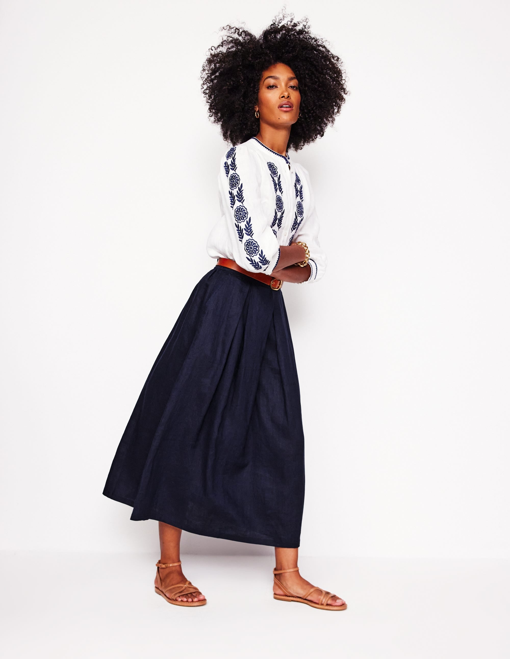 Verity Linen Midi Skirt-Navy - Image 1