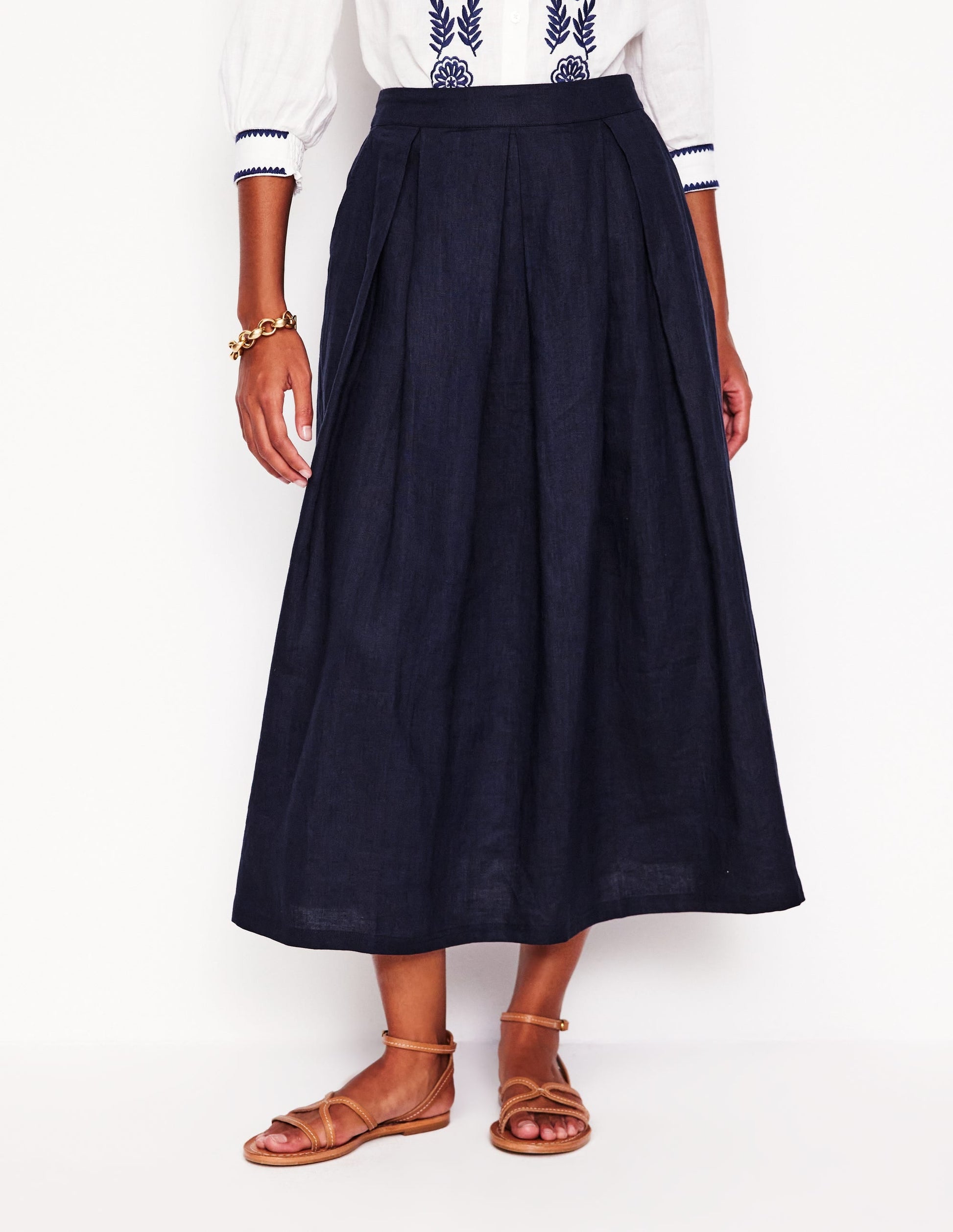Verity Linen Midi Skirt-Navy-4