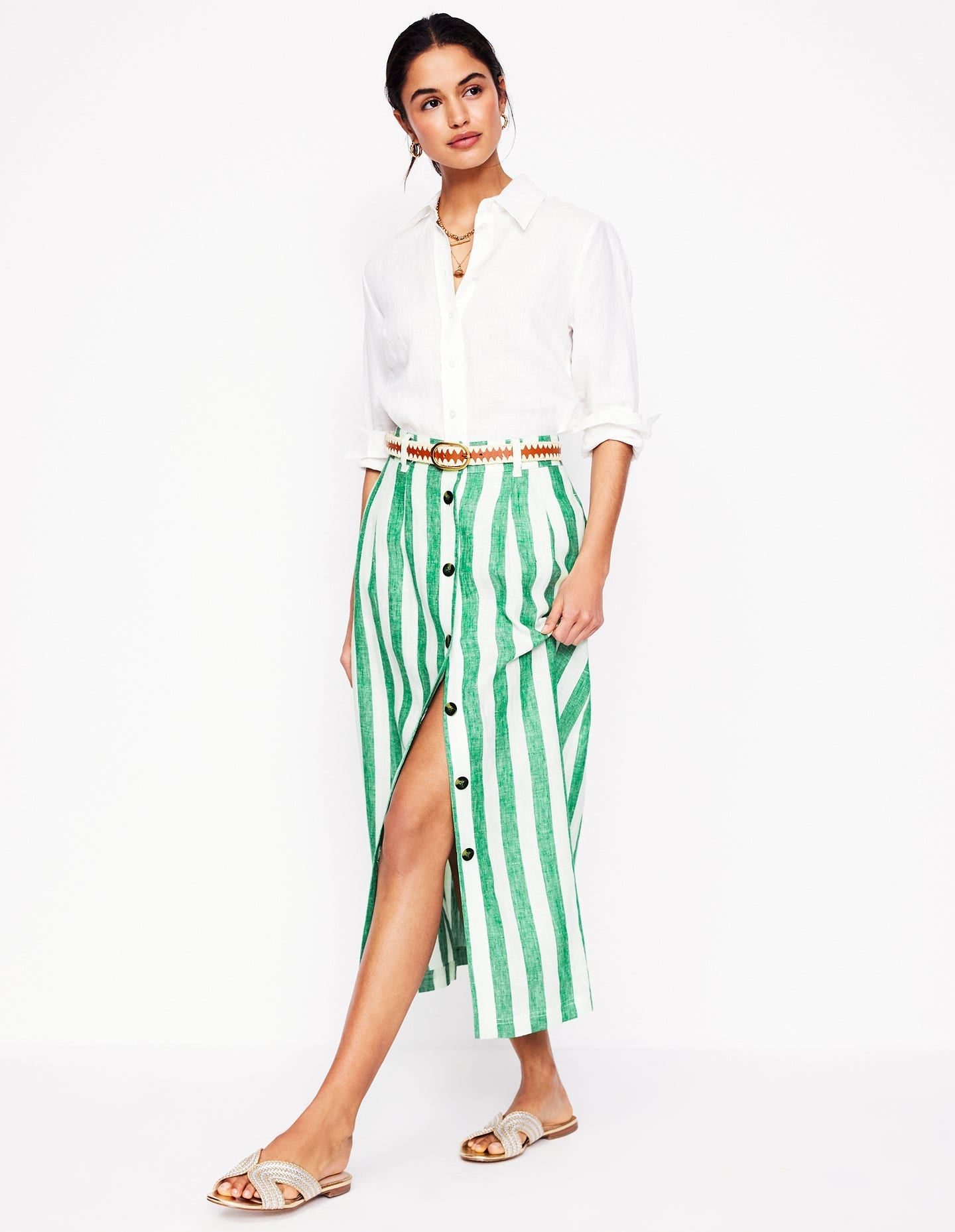 Thomasina Linen Midi Skirt-Rich Emerald Stripe-1