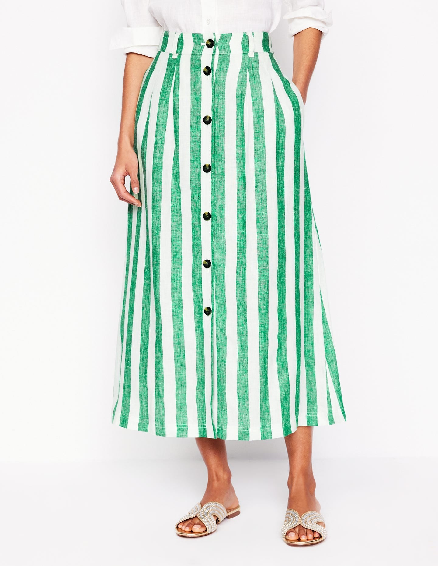 Thomasina Linen Midi Skirt-Rich Emerald Stripe-4