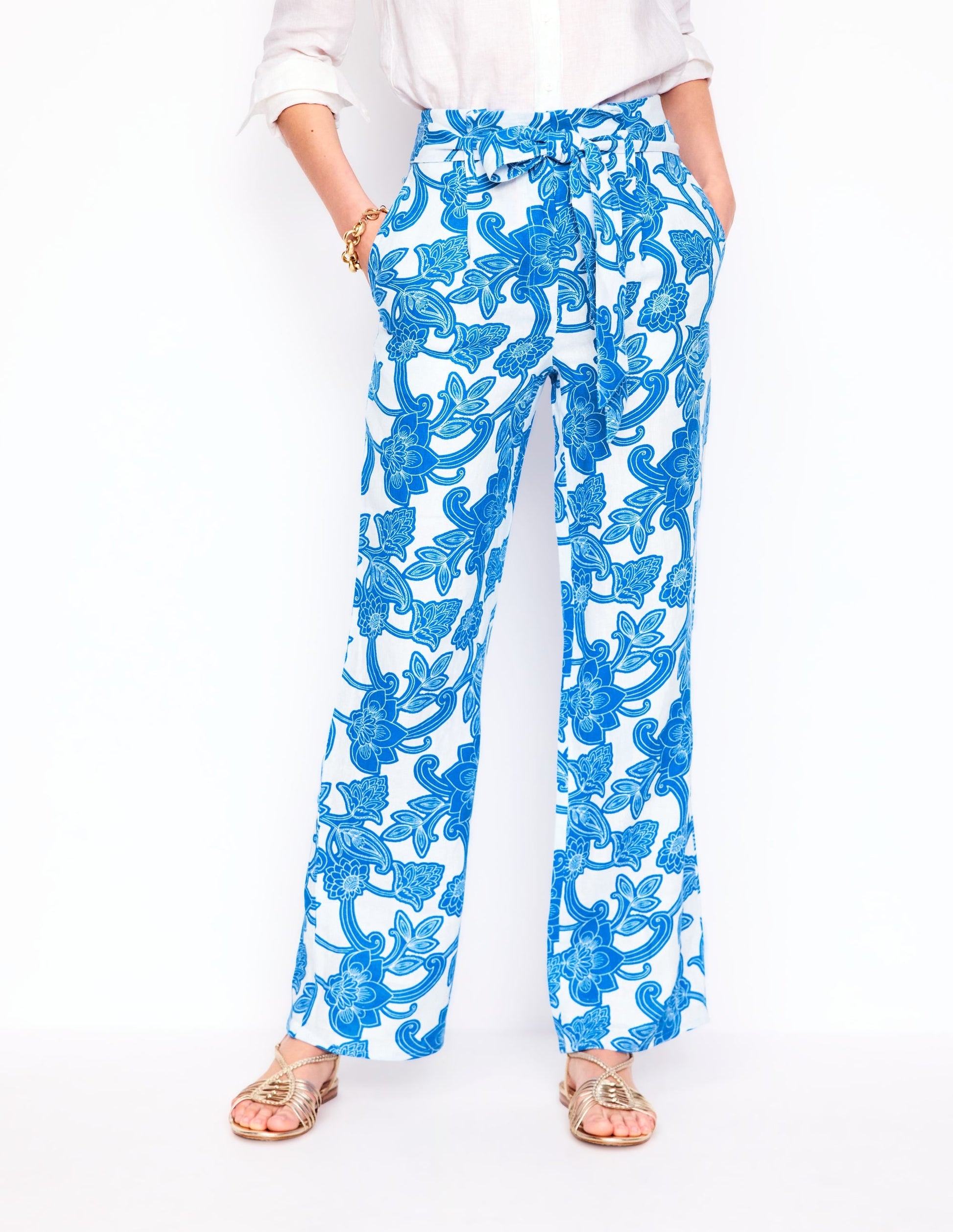 Belted Linen Trousers-Cerulean Blue, Paisley Whirl-5