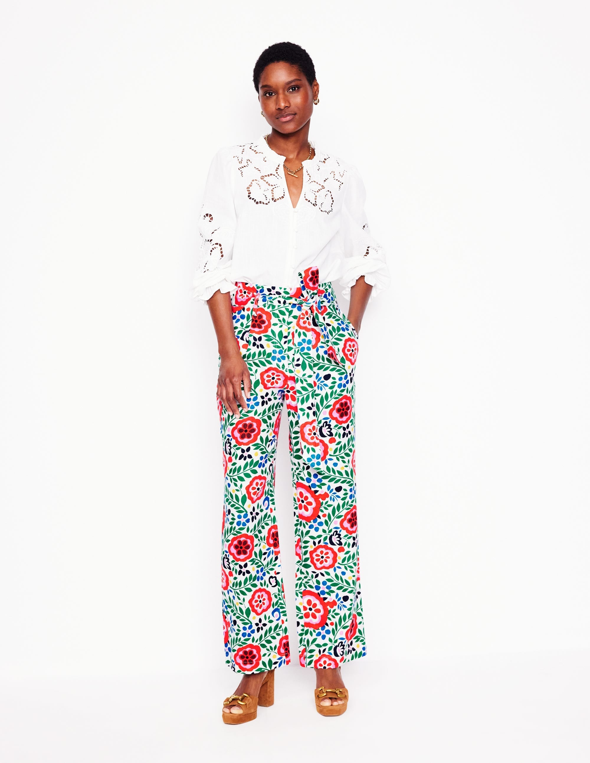 Belted Linen Trousers-Multi, Foliage Scatter - Image 1