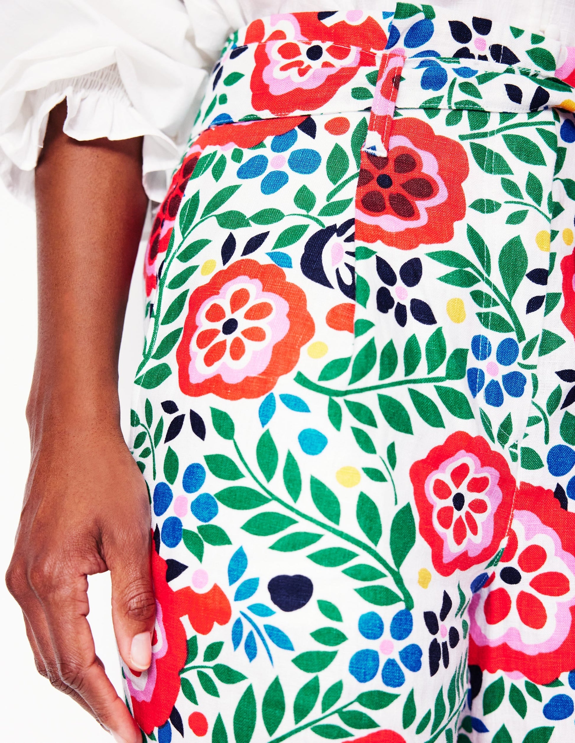 Belted Linen Trousers-Multi, Foliage Scatter-2