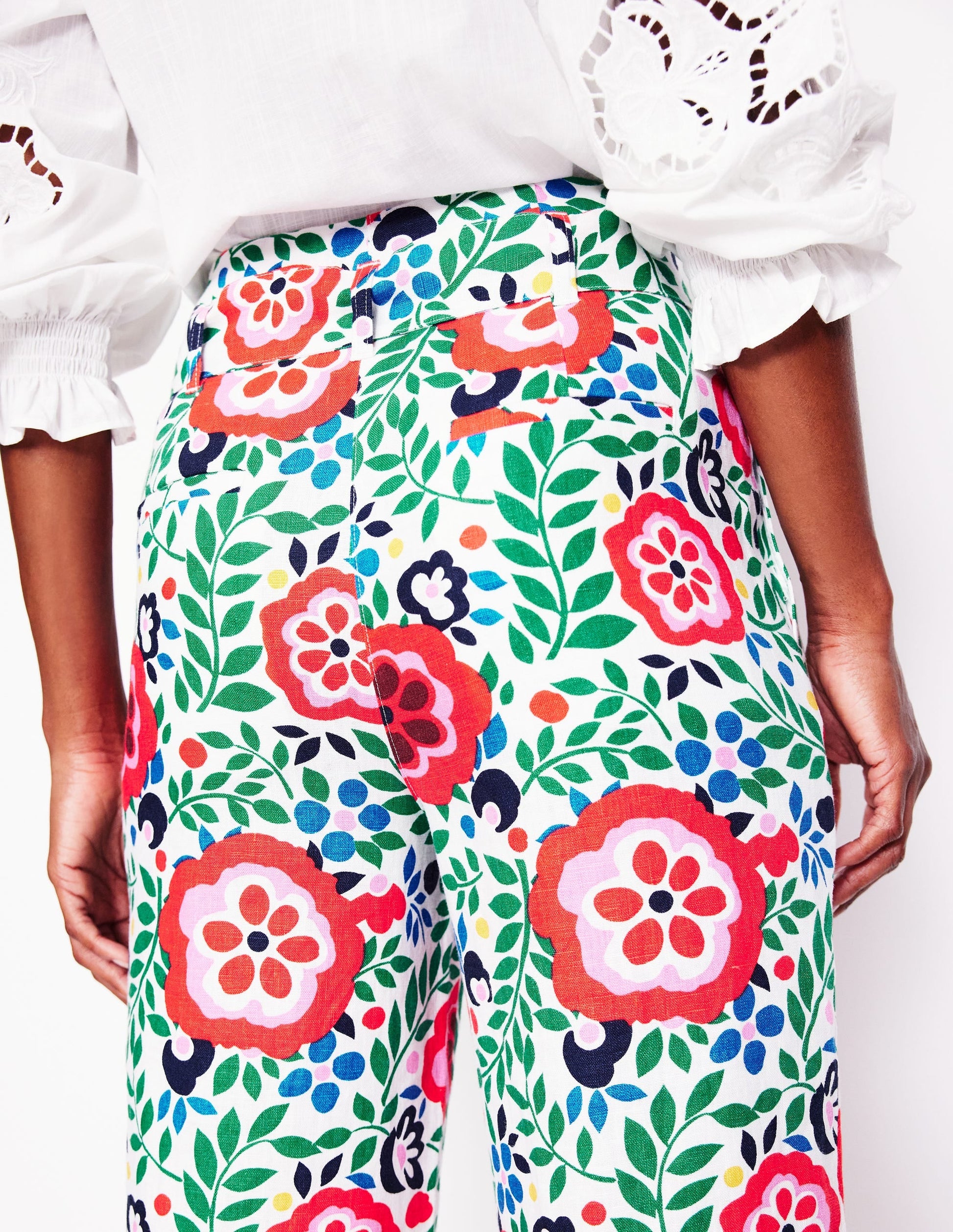 Belted Linen Trousers-Multi, Foliage Scatter-3