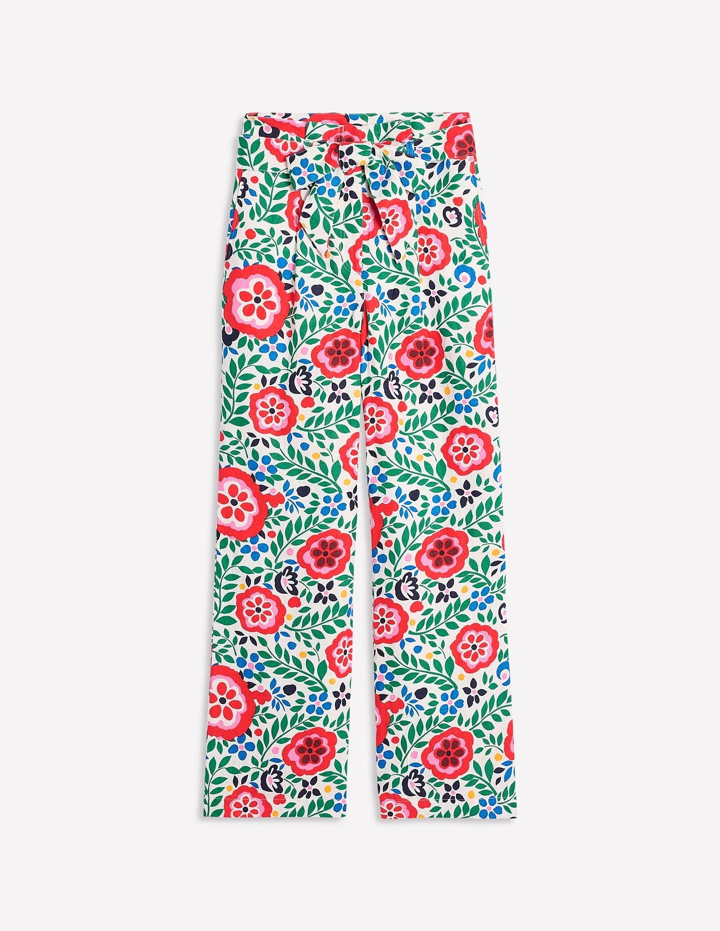 Belted Linen Trousers-Multi, Foliage Scatter-5