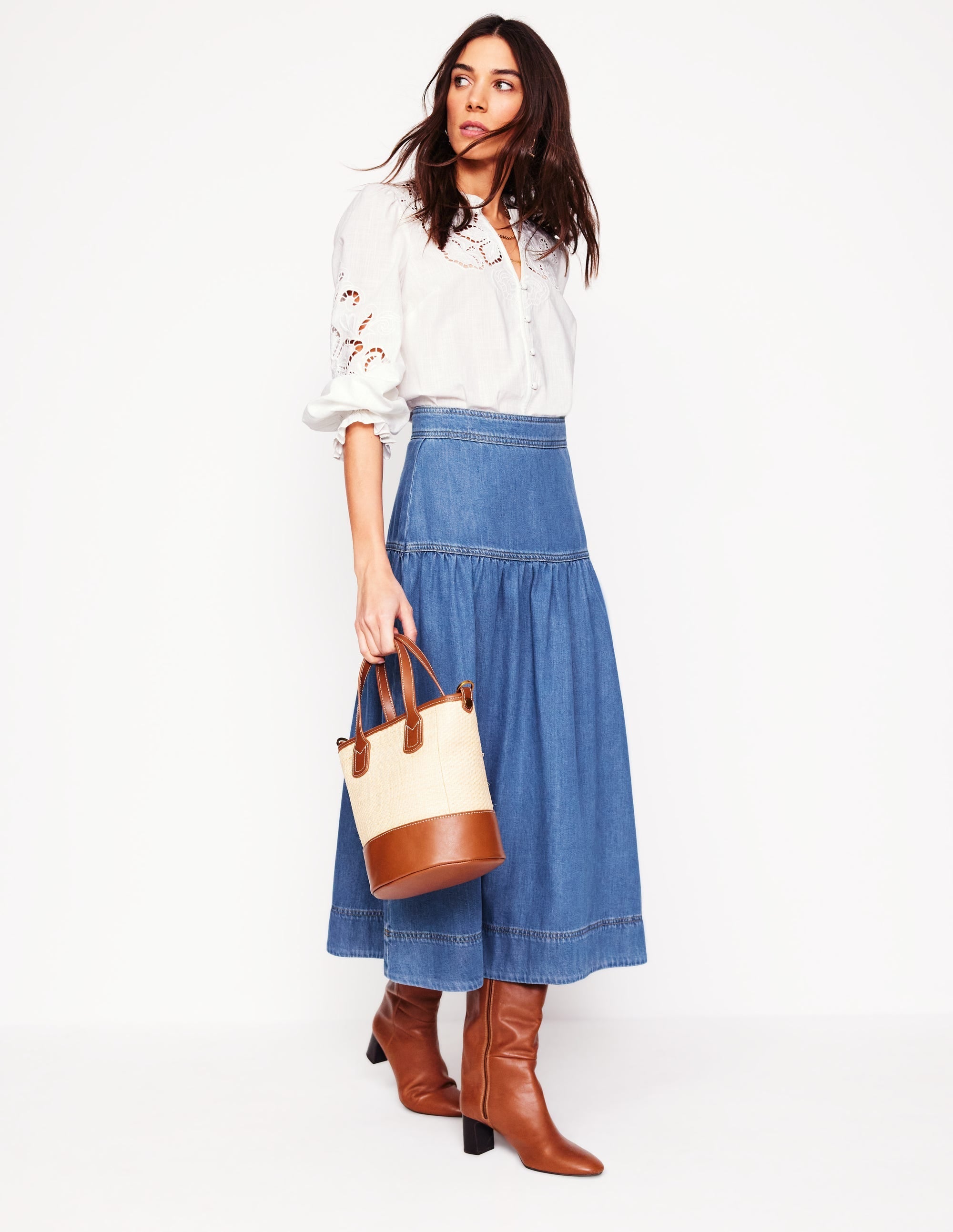 Yoke Detail Denim Midi Skirt-Mid Vintage - Image 1