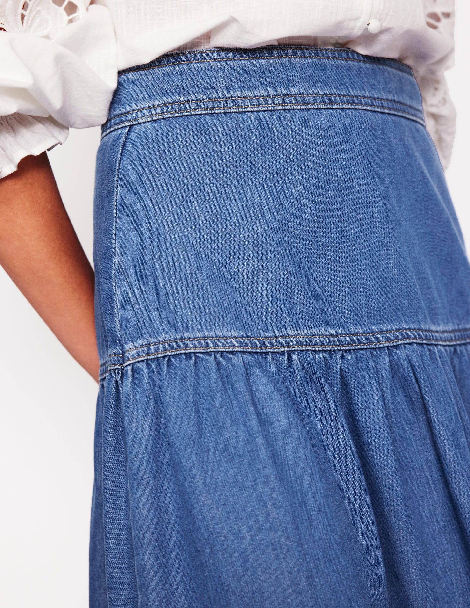 Yoke Detail Denim Midi Skirt-Mid Vintage-2