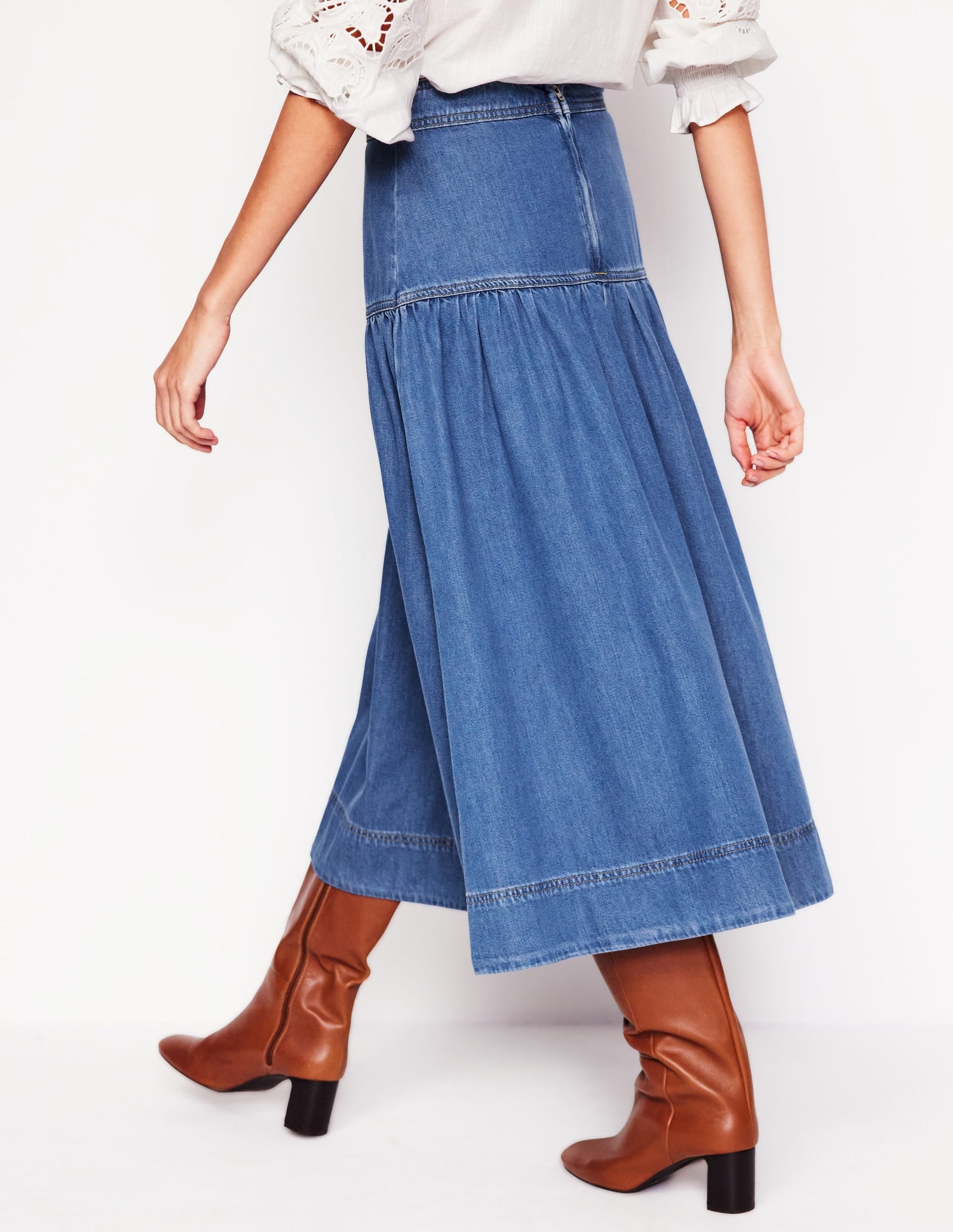 Yoke Detail Denim Midi Skirt-Mid Vintage-3