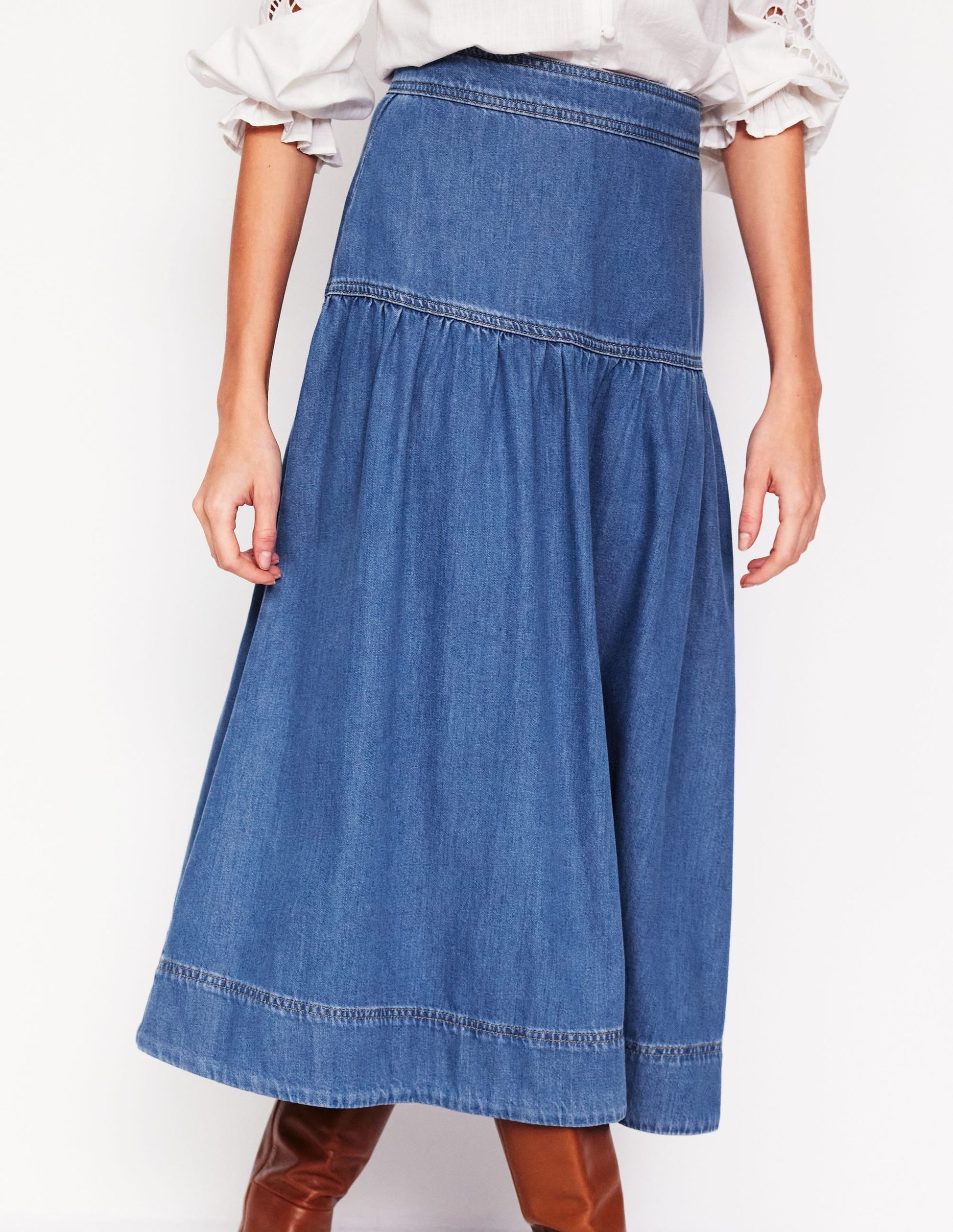 Yoke Detail Denim Midi Skirt-Mid Vintage-4