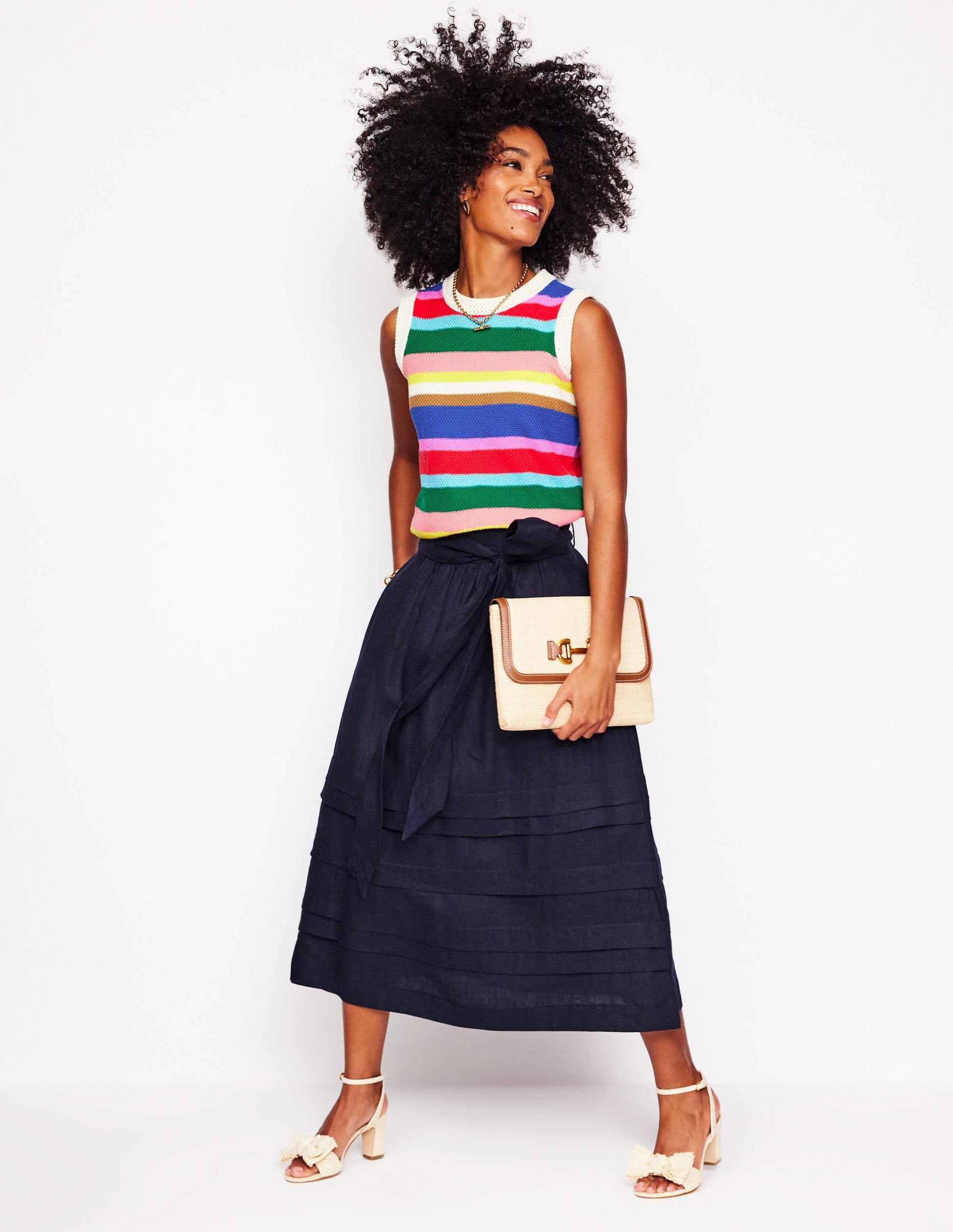 Pintuck Linen Midi Skirt-Navy-1
