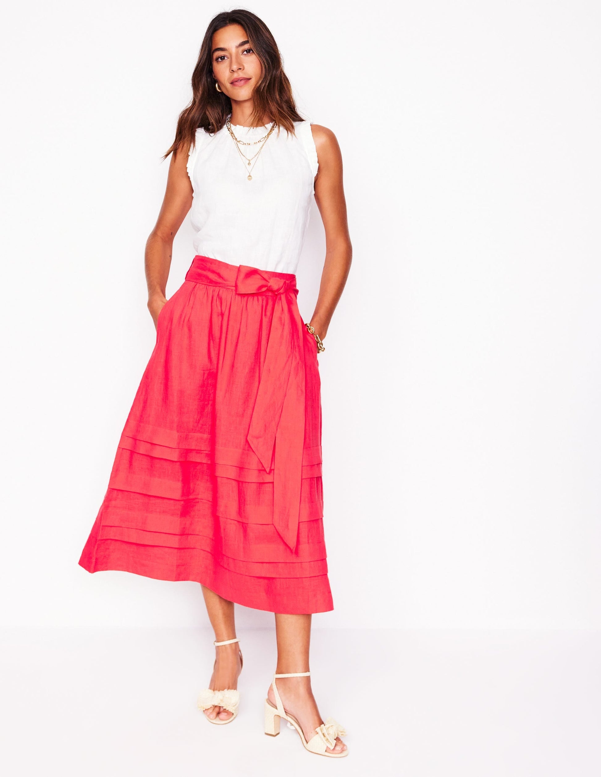 Pintuck Linen Midi Skirt-Strawberry Tart Red-1